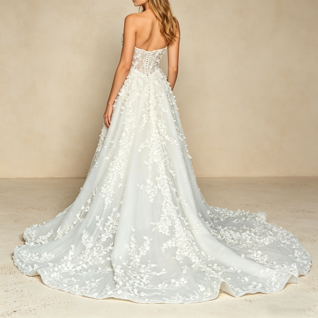 Exklusives Abendkleid mit 3D-Blumenapplikationen, Elegantes Galarobe mit Beinschlitz, Trägerloses Maxikleid in Elfenbein für Besondere Anlässe