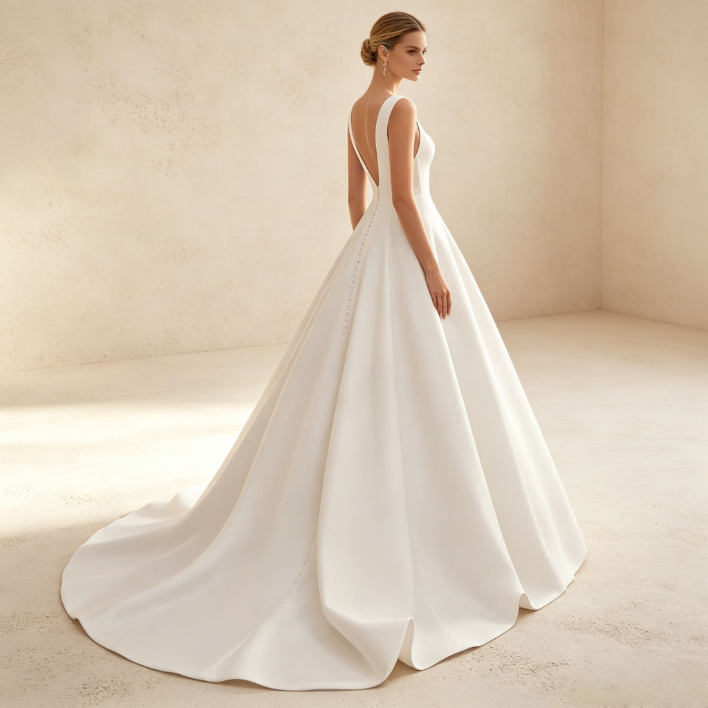 Minimalistisches Elfenbeinfarbenes A-Linie Abendkleid aus Edlem Satin mit Eckigem Ausschnitt