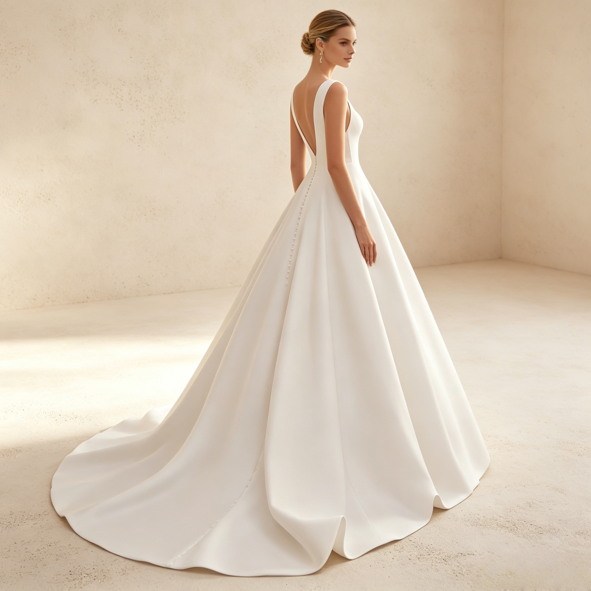 Minimalistisches Elfenbeinfarbenes A-Linie Abendkleid aus Edlem Satin mit Eckigem Ausschnitt