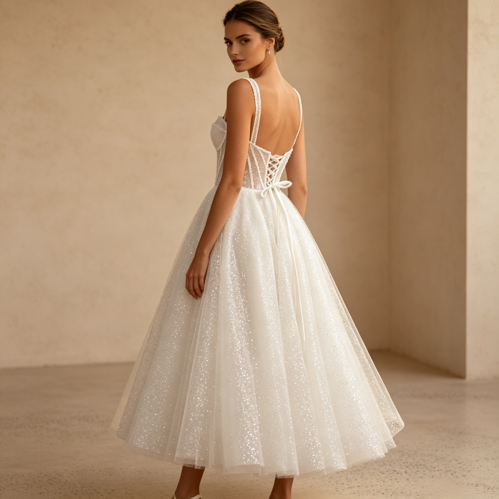 Trägerloses Midikleid mit Glitzer-Tüll, Corsagen-Oberteil und A-Linie – Elfenbein