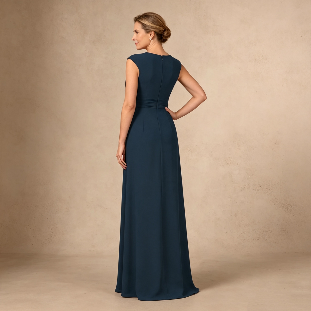 Langes ärmelloses Abendkleid mit V-Ausschnitt und Taillenbetonung für festliche Anlässe Marineblau