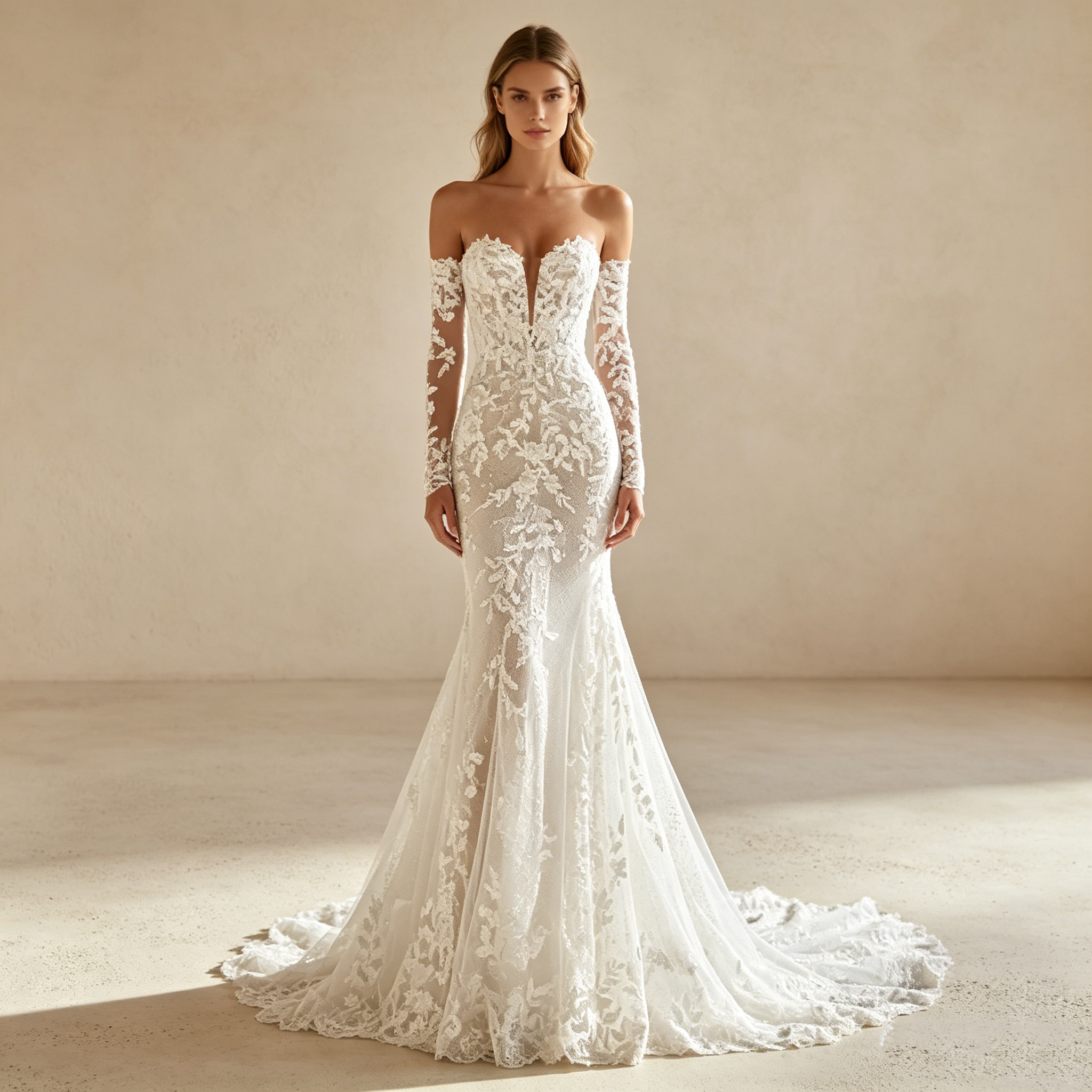 Off-Shoulder Abendkleid in Weiß mit Spitze und Schleppe | Luxus Meerjungfrau Maxikleid nach Maß mit Langen Ärmeln