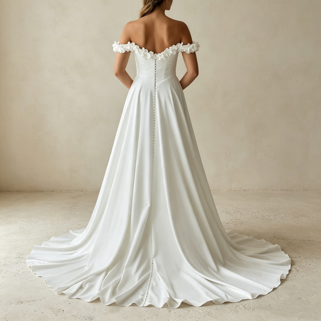 Exklusives weißes Off-Shoulder Maxikleid mit 3D-Blütenapplikationen, elegantes Abendkleid mit hohem Beinschlitz und Schleppe