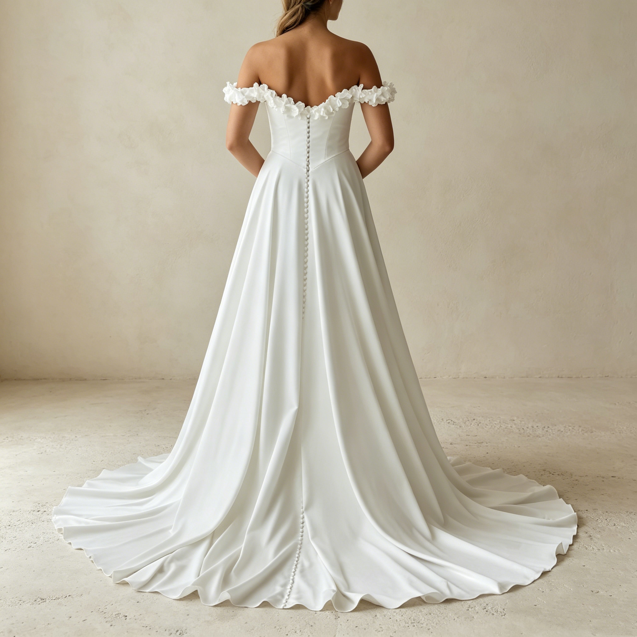 Exklusives weißes Off-Shoulder Maxikleid mit 3D-Blütenapplikationen, elegantes Abendkleid mit hohem Beinschlitz und Schleppe