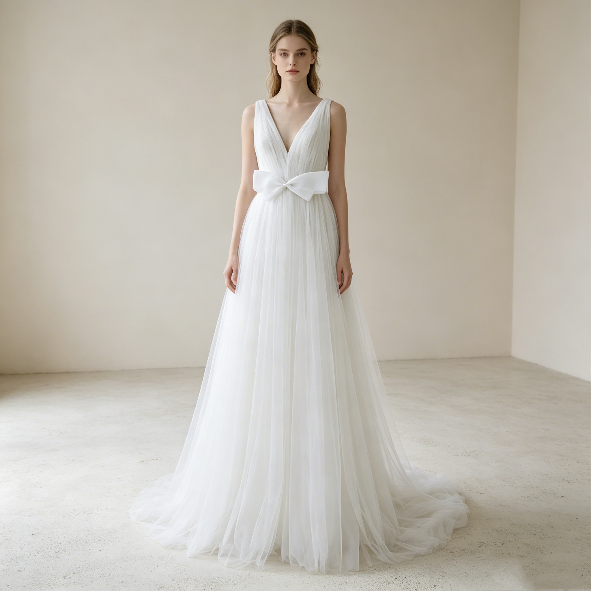 Traumhafte Tüll-Robe in Weiß: Elegante A-Linie mit V-Ausschnitt und verspieltem Schleifen-Detail