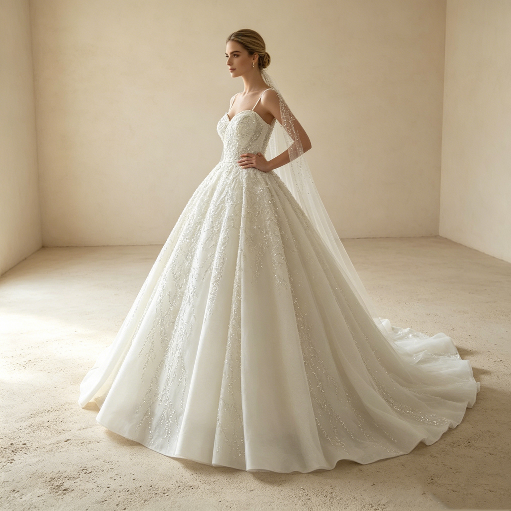 Extravagantes Statement in Weiß: Voluminöse Prinzessinnen-Robe mit avantgardistischem Ärmel-Design
