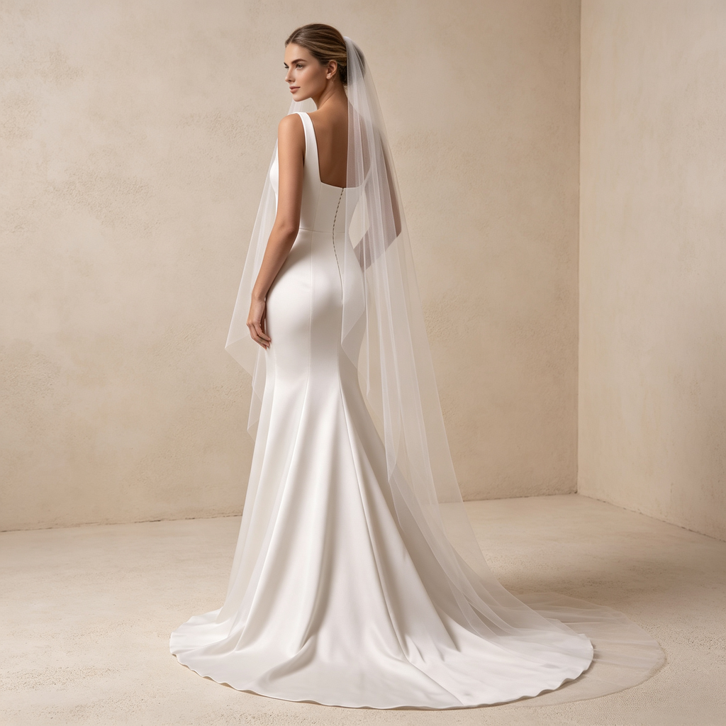 Damen Satin-Maxikleid mit Karree-Ausschnitt, Breiten Trägern und Schleppe - Elfenbein