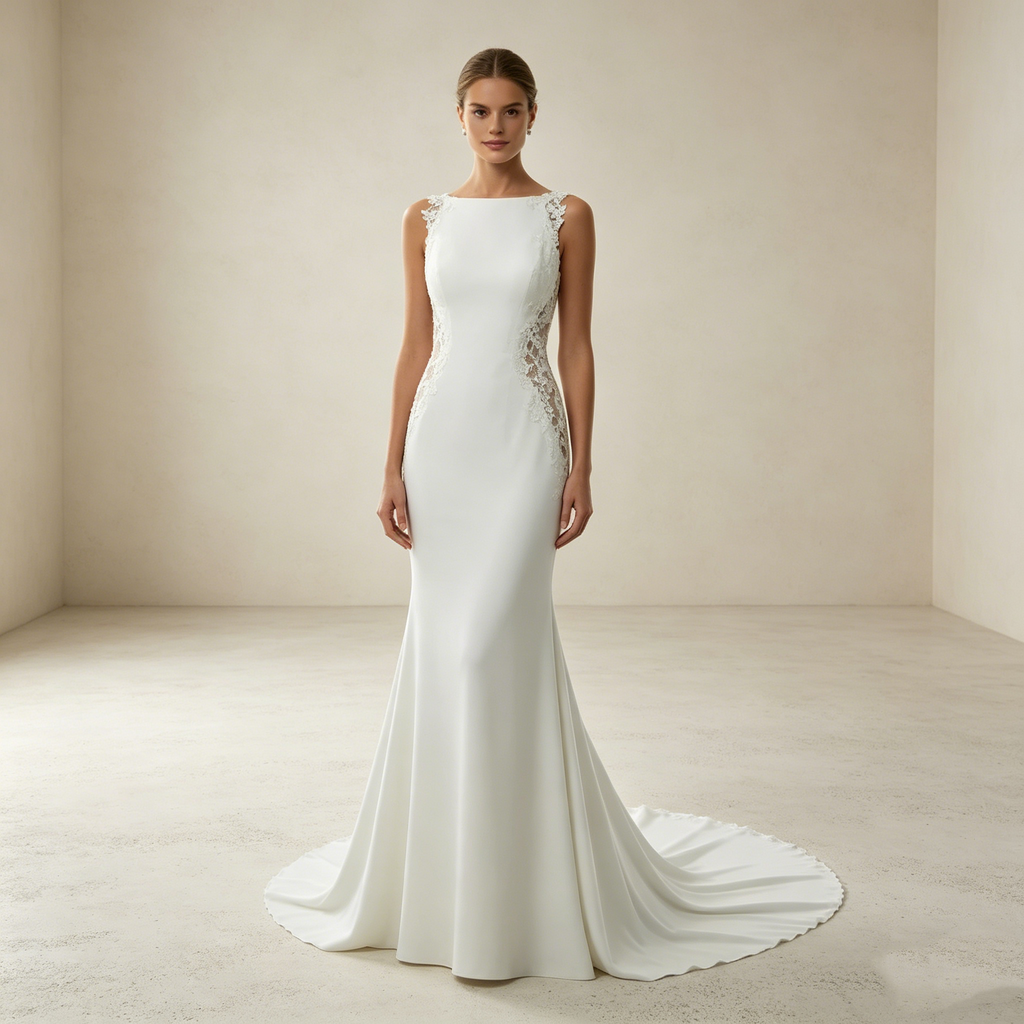 Weißer Boho-Traum: Bodenlanges Meerjungfrau-Kleid mit aufwendigen Applikationen für einen natürlichen Glamour