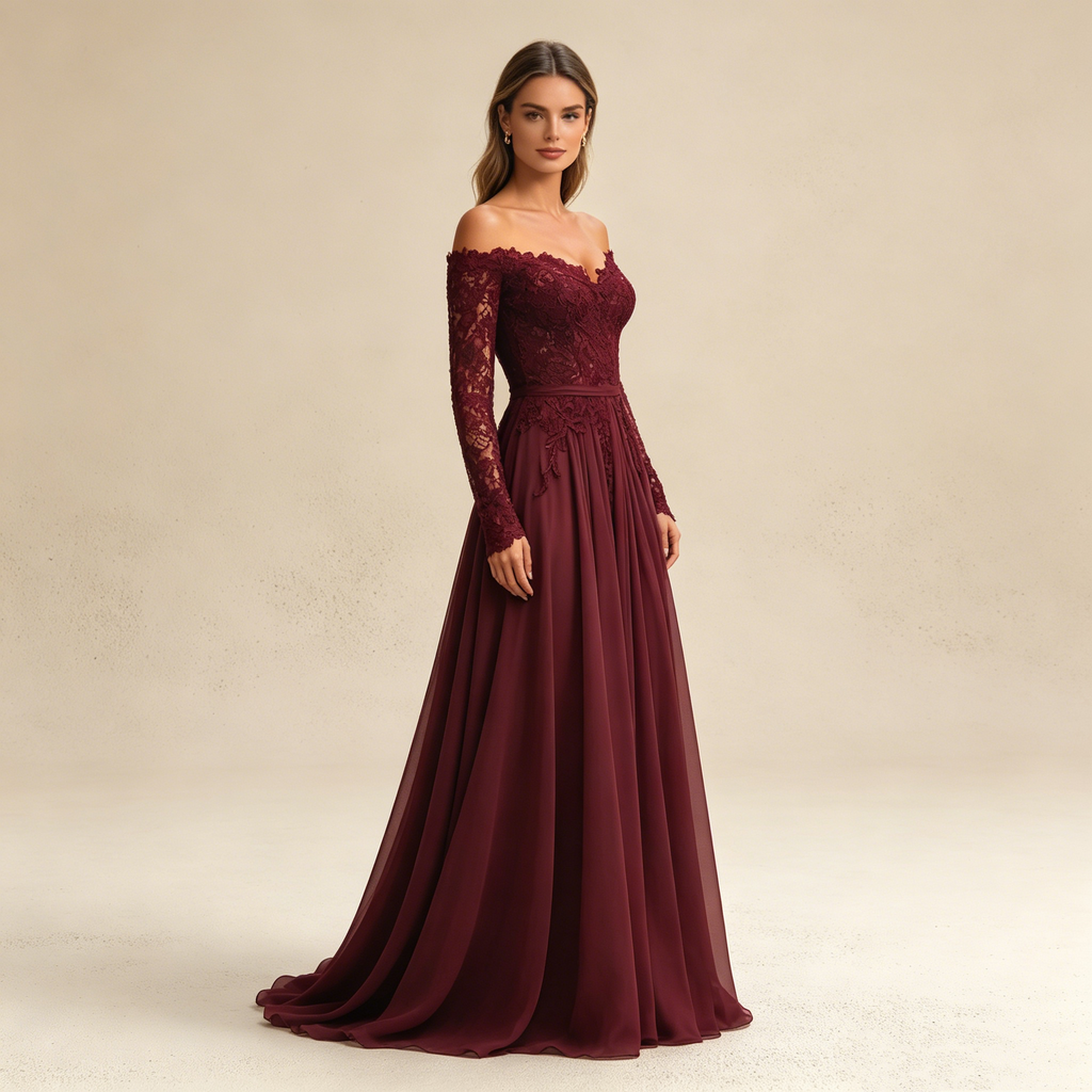Abendkleid in Weinrot mit Spitzen-Applikationen und Off-Shoulder-Ärmeln