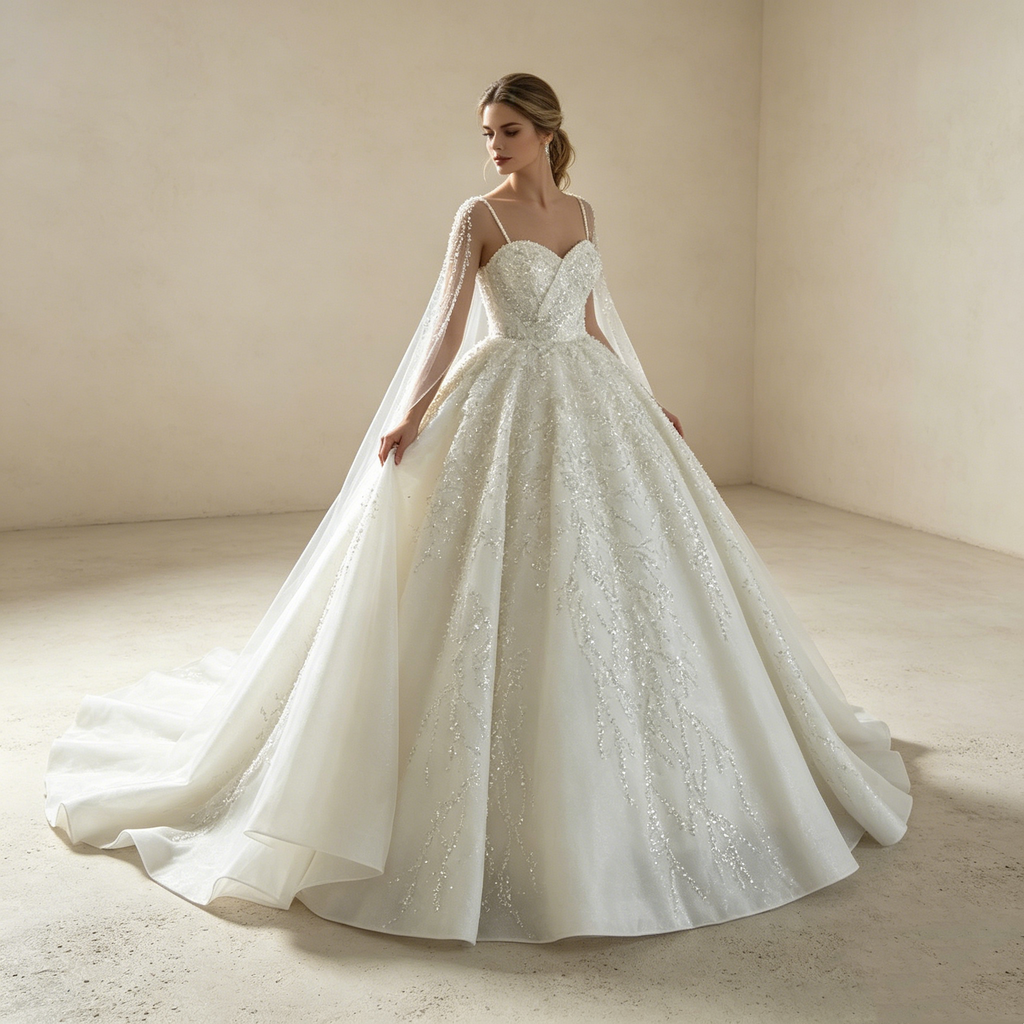 Extravagantes Statement in Weiß: Voluminöse Prinzessinnen-Robe mit avantgardistischem Ärmel-Design