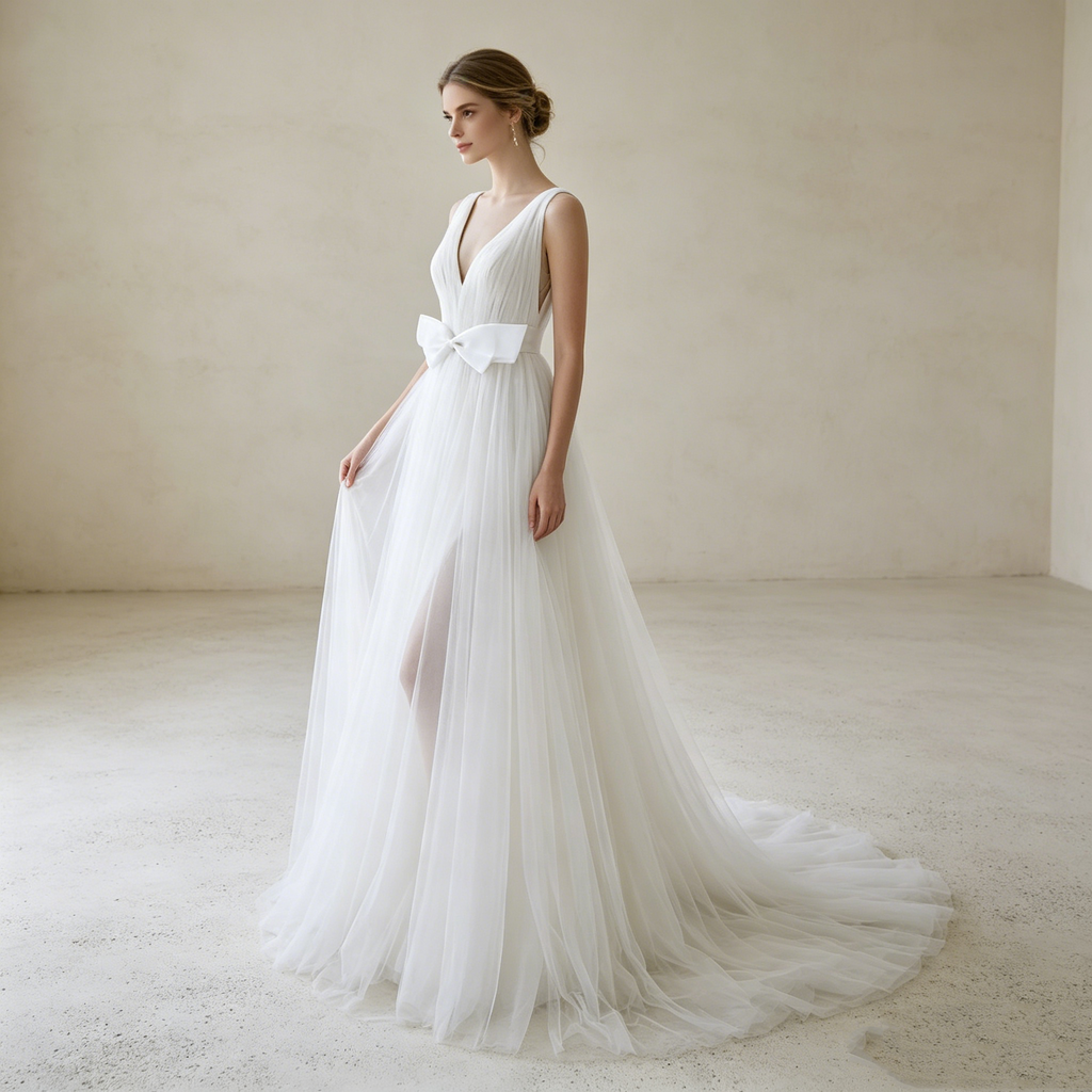 Traumhafte Tüll-Robe in Weiß: Elegante A-Linie mit V-Ausschnitt und verspieltem Schleifen-Detail