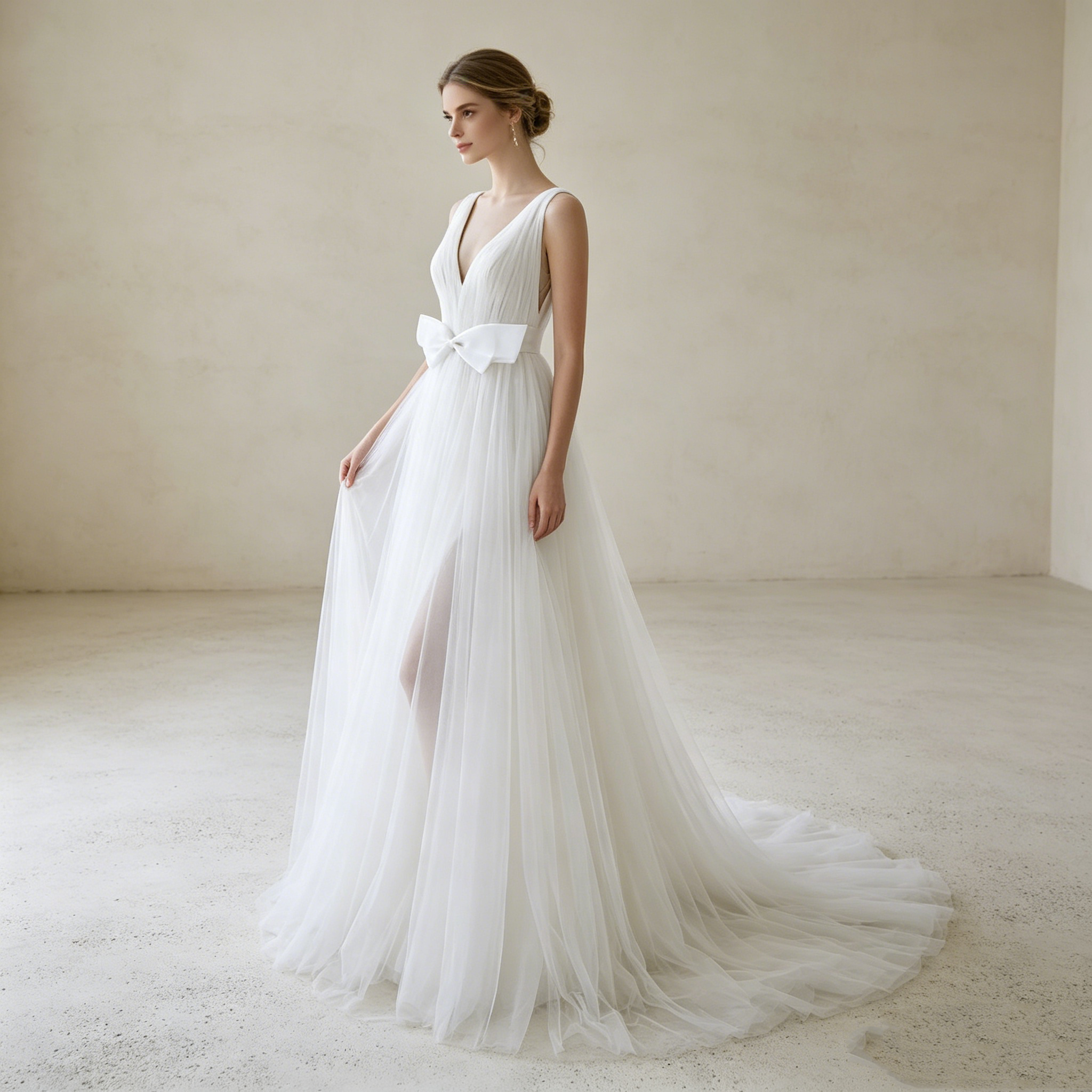 Traumhafte Tüll-Robe in Weiß: Elegante A-Linie mit V-Ausschnitt und verspieltem Schleifen-Detail