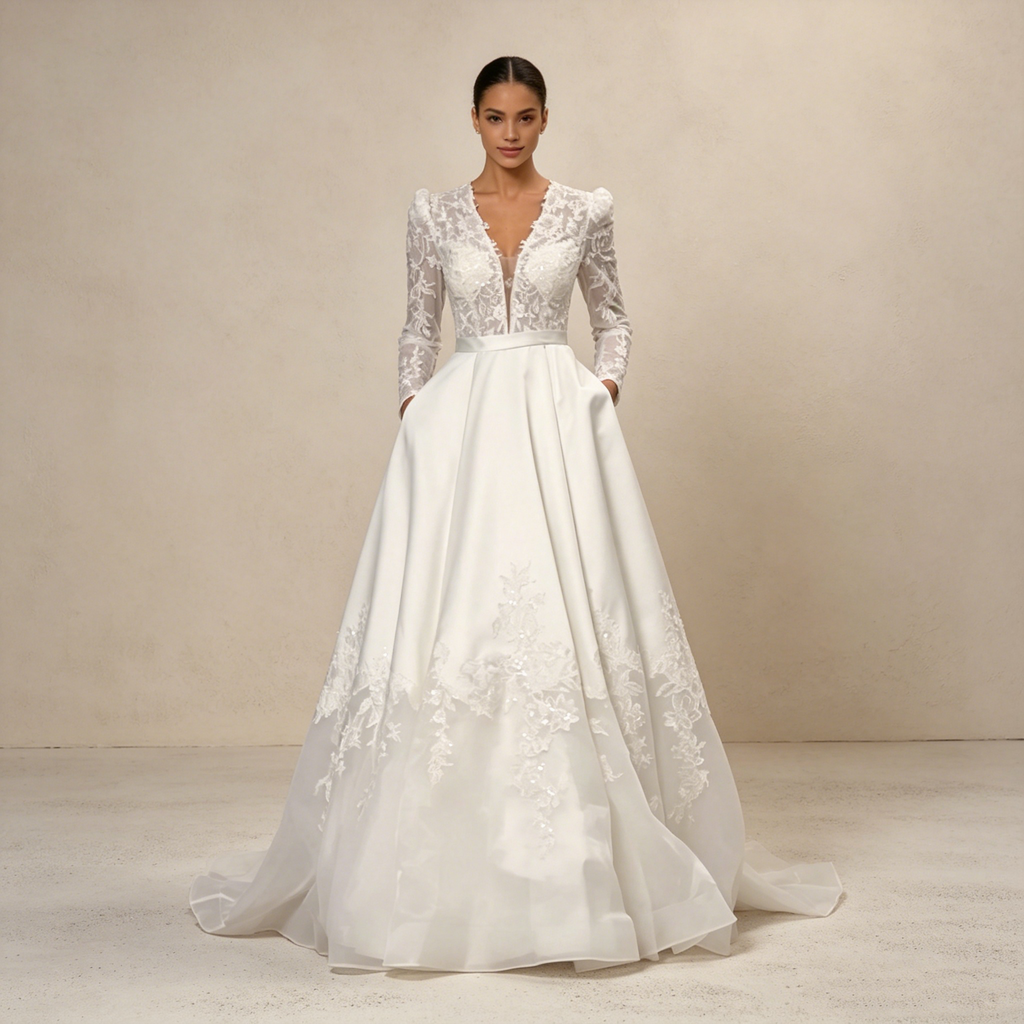 Elegantes Off-Shoulder Abendkleid mit langen Spitzenärmeln aus Satin