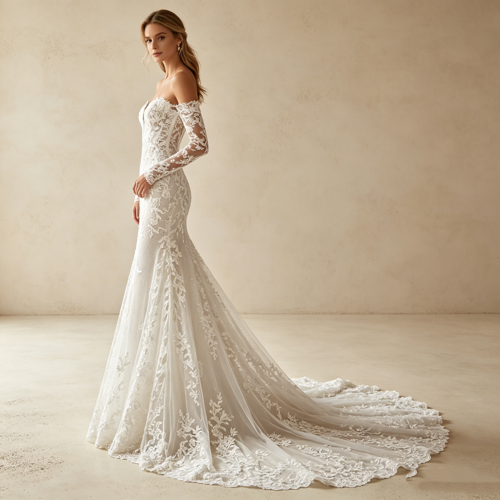 Off-Shoulder Abendkleid in Weiß mit Spitze und Schleppe | Luxus Meerjungfrau Maxikleid nach Maß mit Langen Ärmeln