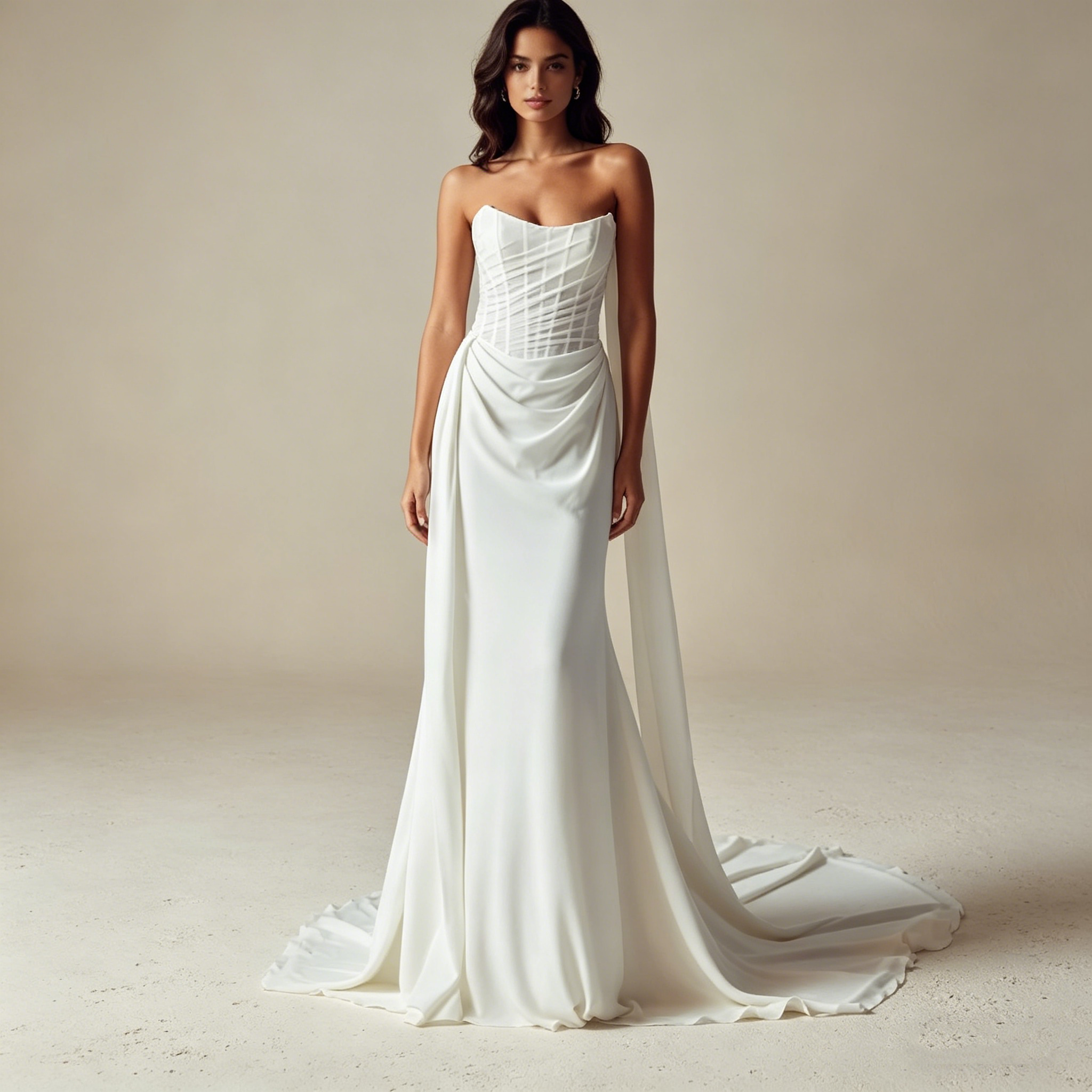 Elegantes Abendkleid aus Satin mit Korsett-Oberteil, Luxuriöse Galarobe in Elfenbein, Figurbetontes Maxikleid mit fließendem Faltenwurf