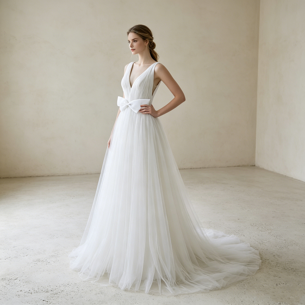 Traumhafte Tüll-Robe in Weiß: Elegante A-Linie mit V-Ausschnitt und verspieltem Schleifen-Detail