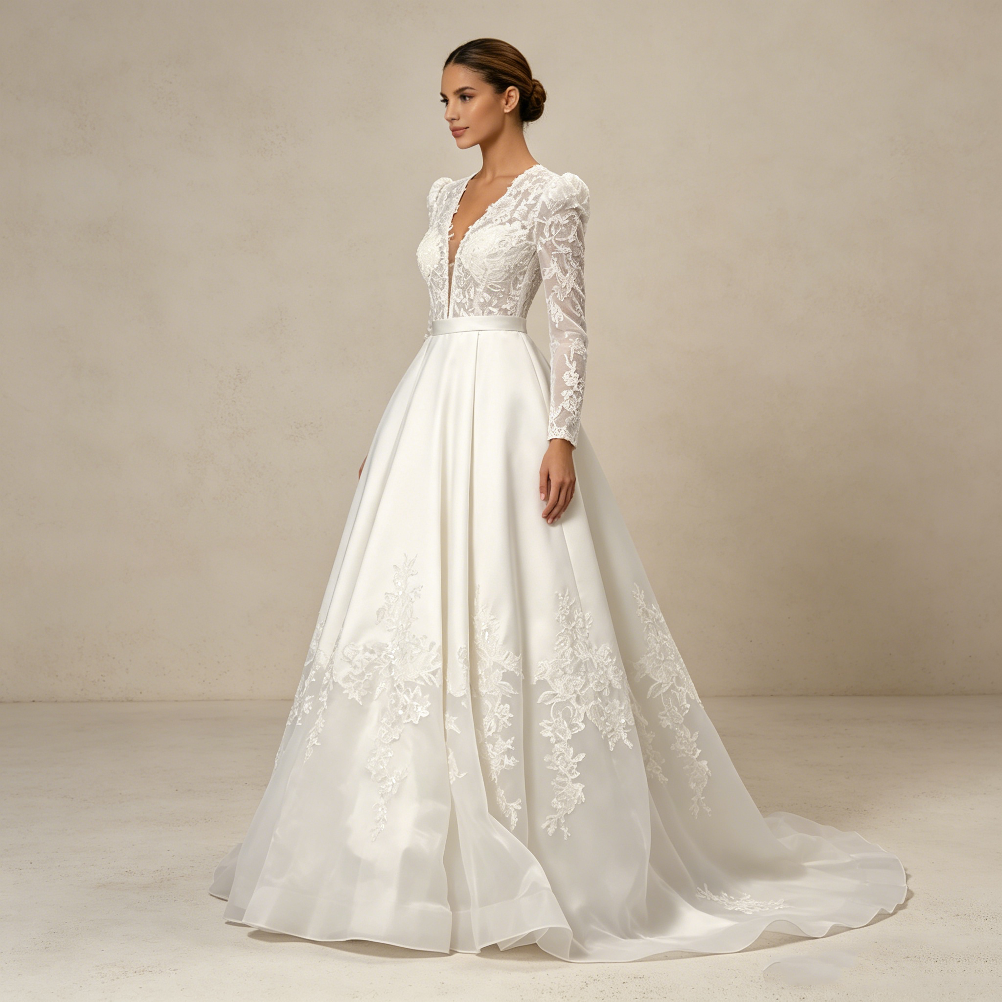 Elegantes Off-Shoulder Abendkleid mit langen Spitzenärmeln aus Satin