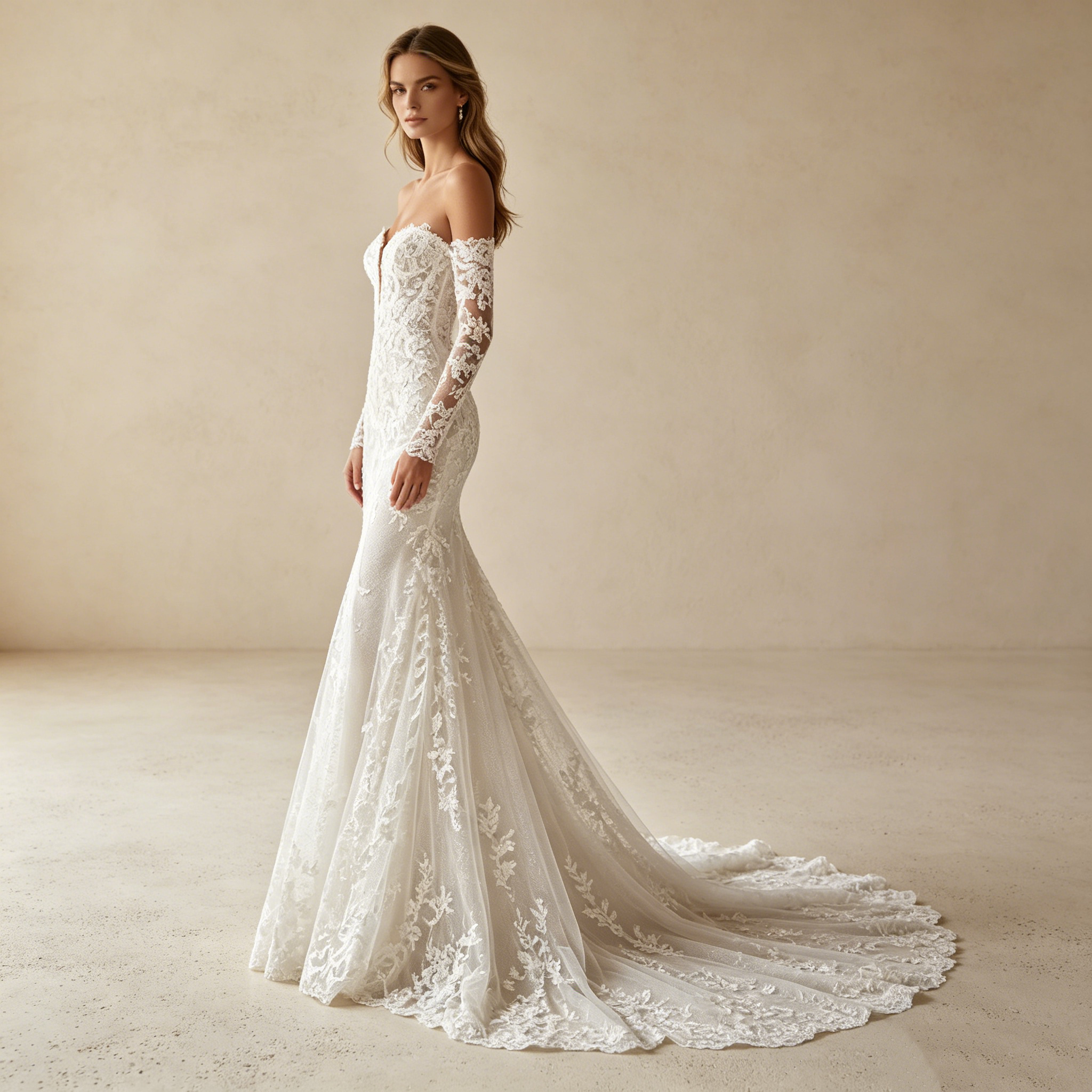 Off-Shoulder Abendkleid in Weiß mit Spitze und Schleppe | Luxus Meerjungfrau Maxikleid nach Maß mit Langen Ärmeln