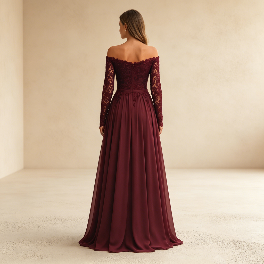 Abendkleid in Weinrot mit Spitzen-Applikationen und Off-Shoulder-Ärmeln