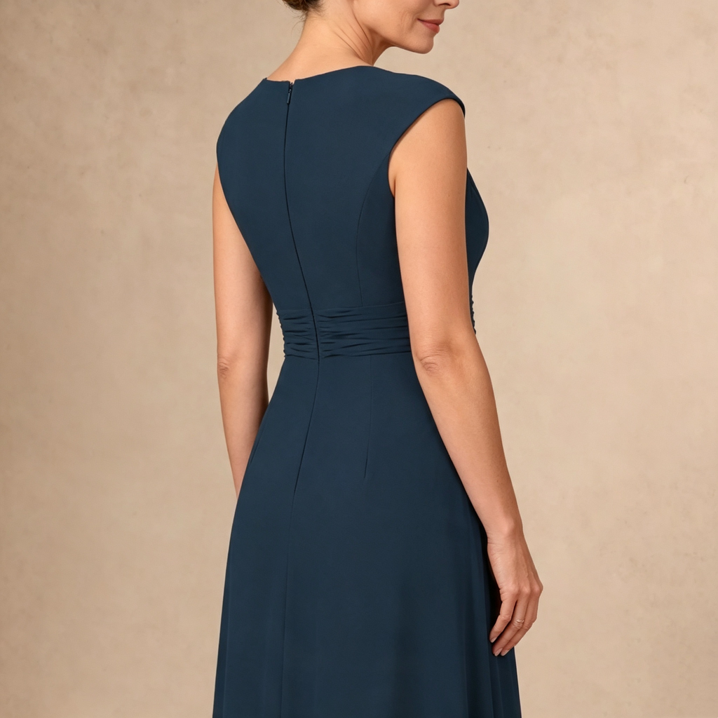 Langes ärmelloses Abendkleid mit V-Ausschnitt und Taillenbetonung für festliche Anlässe Marineblau