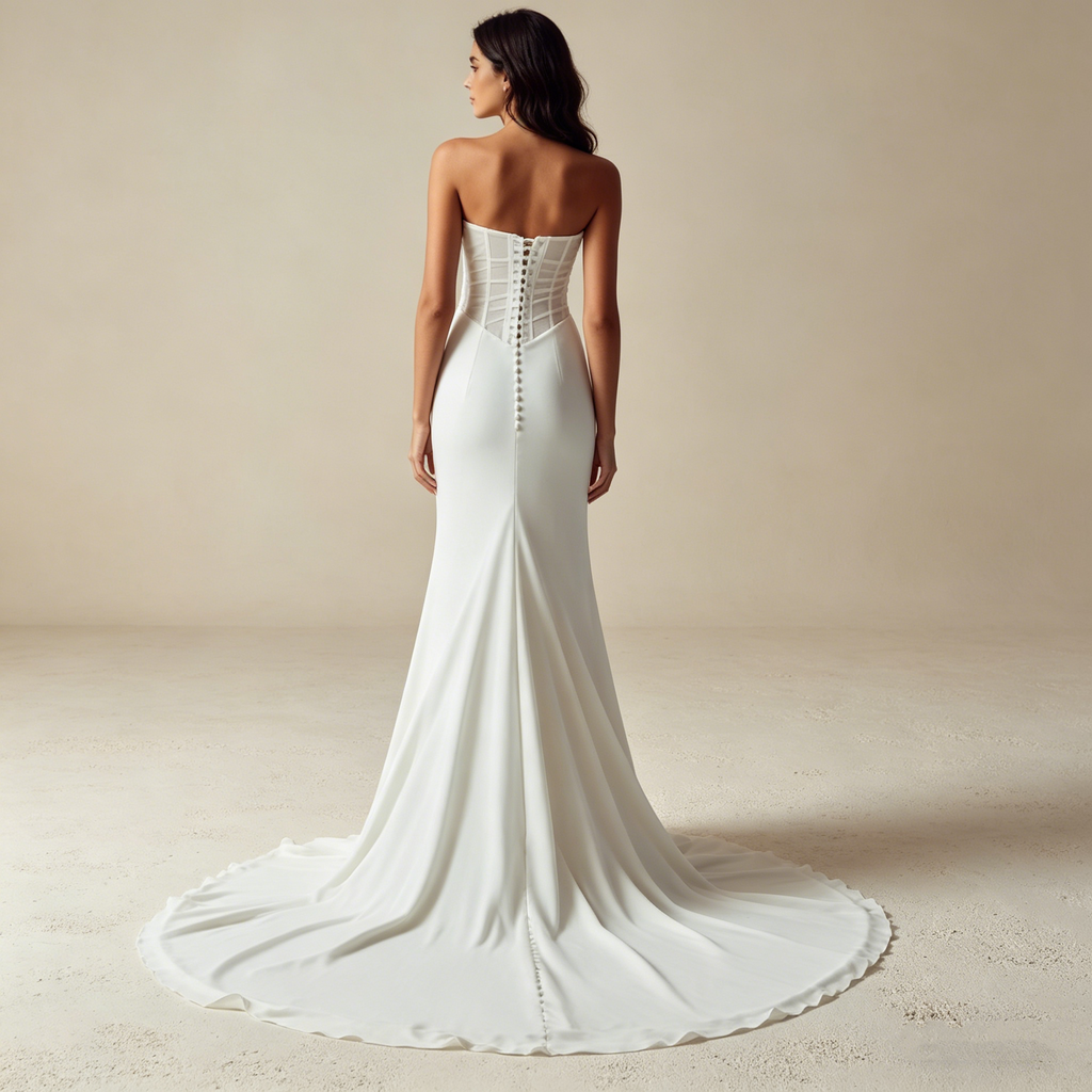 Elegantes Abendkleid aus Satin mit Korsett-Oberteil, Luxuriöse Galarobe in Elfenbein, Figurbetontes Maxikleid mit fließendem Faltenwurf