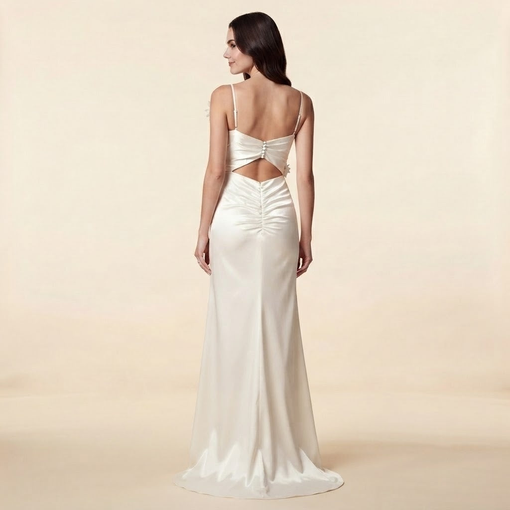 Elegantes Träger‑Abendkleid mit 3D‑Blumen Damen Lang Maxikleid Schlitz Cut‑Out Rücken Figurbetont