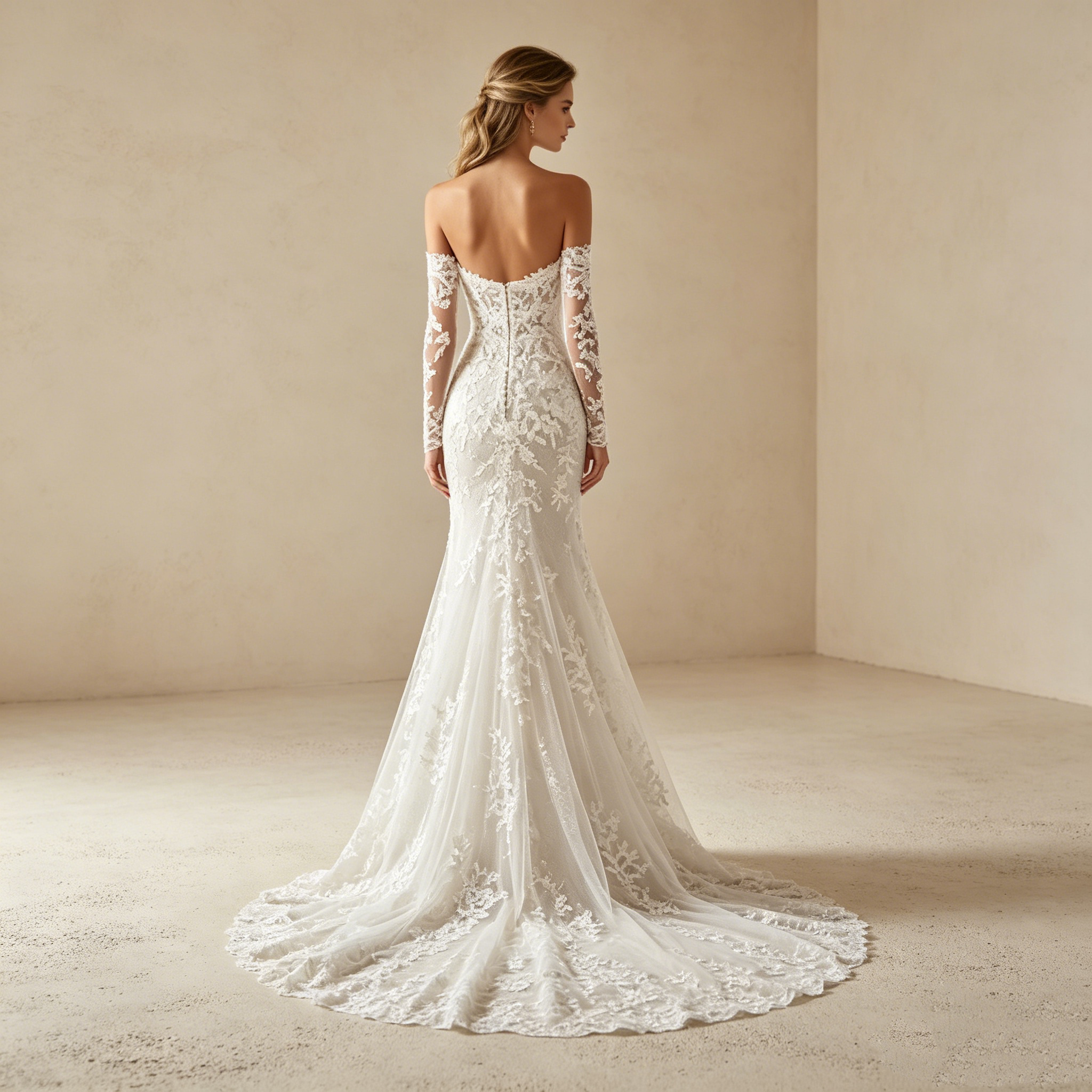 Off-Shoulder Abendkleid in Weiß mit Spitze und Schleppe | Luxus Meerjungfrau Maxikleid nach Maß mit Langen Ärmeln