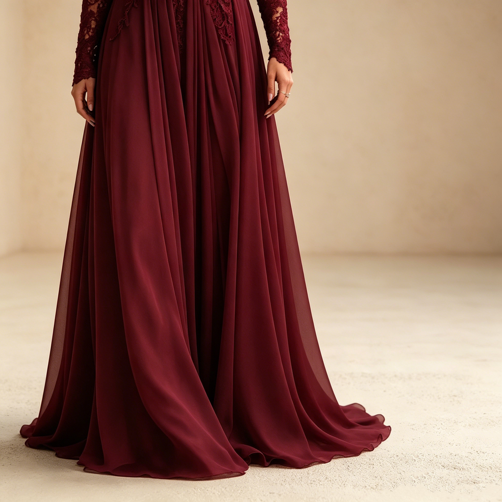Abendkleid in Weinrot mit Spitzen-Applikationen und Off-Shoulder-Ärmeln