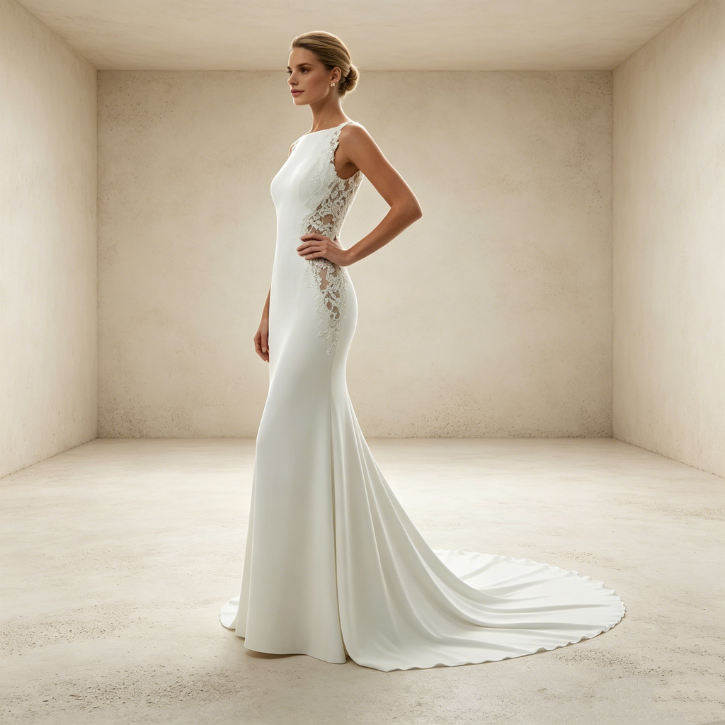 Weißer Boho-Traum: Bodenlanges Meerjungfrau-Kleid mit aufwendigen Applikationen für einen natürlichen Glamour