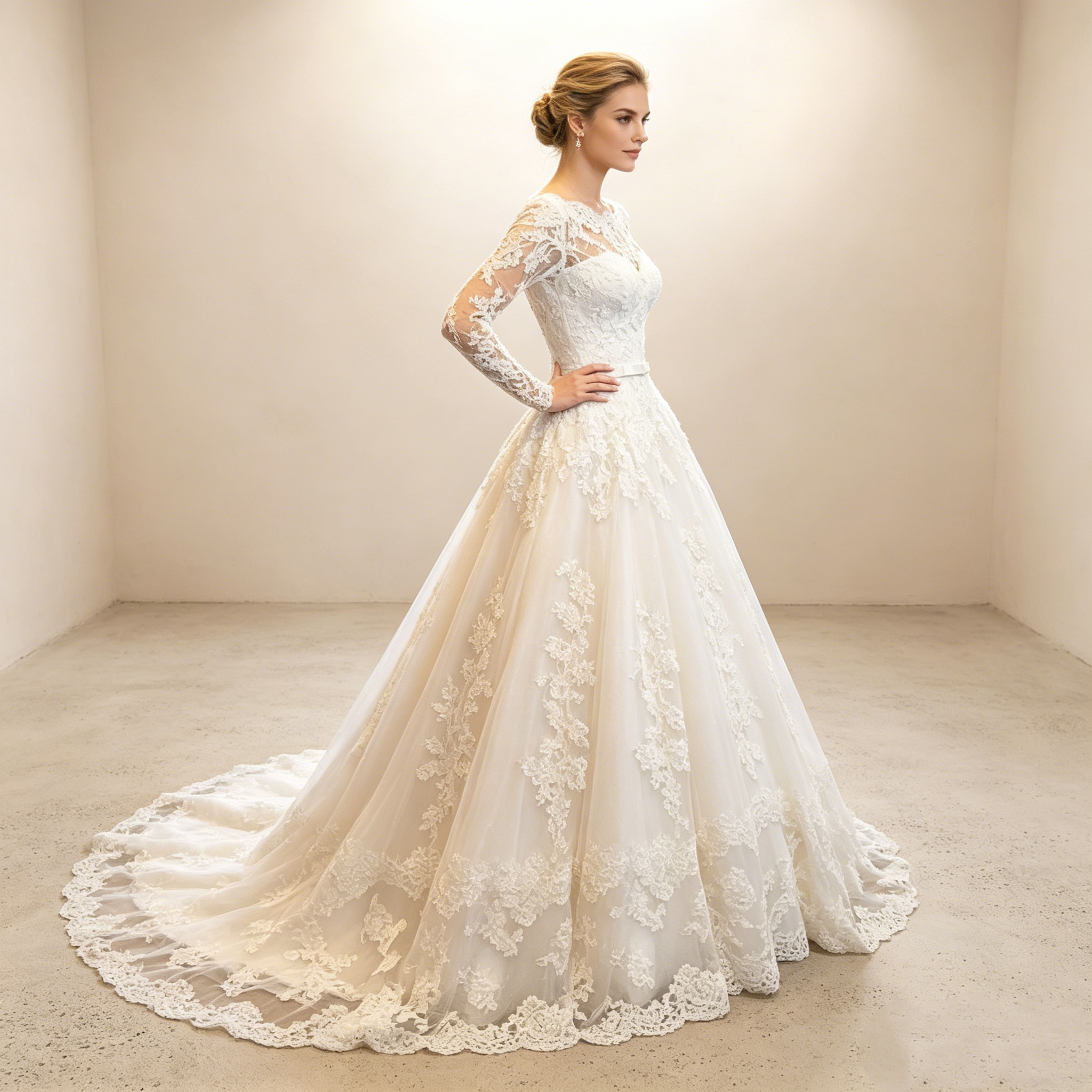 Majestätische Spitzenrobe in Weiß: Elegante A-Linie mit langen Ärmeln und prachtvoller Chapel-Schleppe