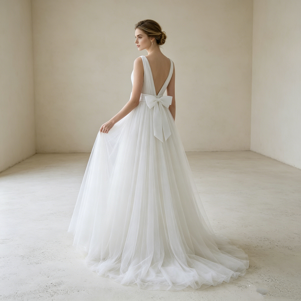 Traumhafte Tüll-Robe in Weiß: Elegante A-Linie mit V-Ausschnitt und verspieltem Schleifen-Detail