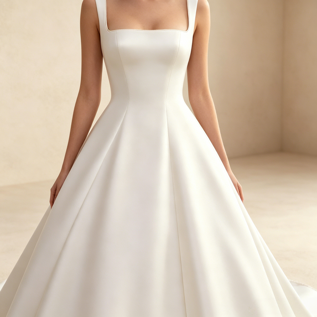 Minimalistisches Elfenbeinfarbenes A-Linie Abendkleid aus Edlem Satin mit Eckigem Ausschnitt
