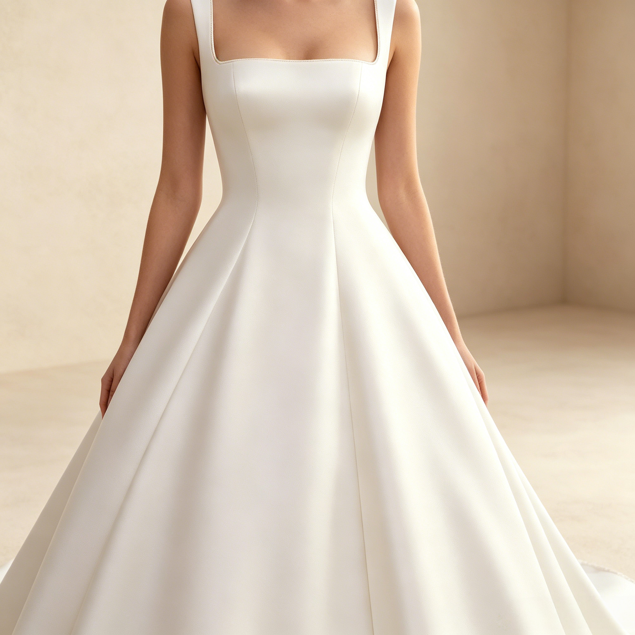 Minimalistisches Elfenbeinfarbenes A-Linie Abendkleid aus Edlem Satin mit Eckigem Ausschnitt