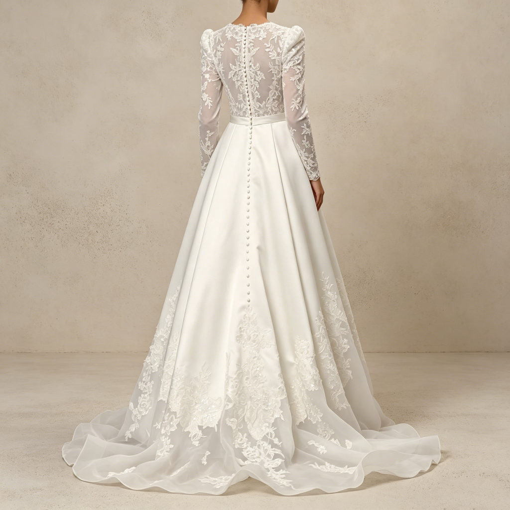 Elegantes Off-Shoulder Abendkleid mit langen Spitzenärmeln aus Satin
