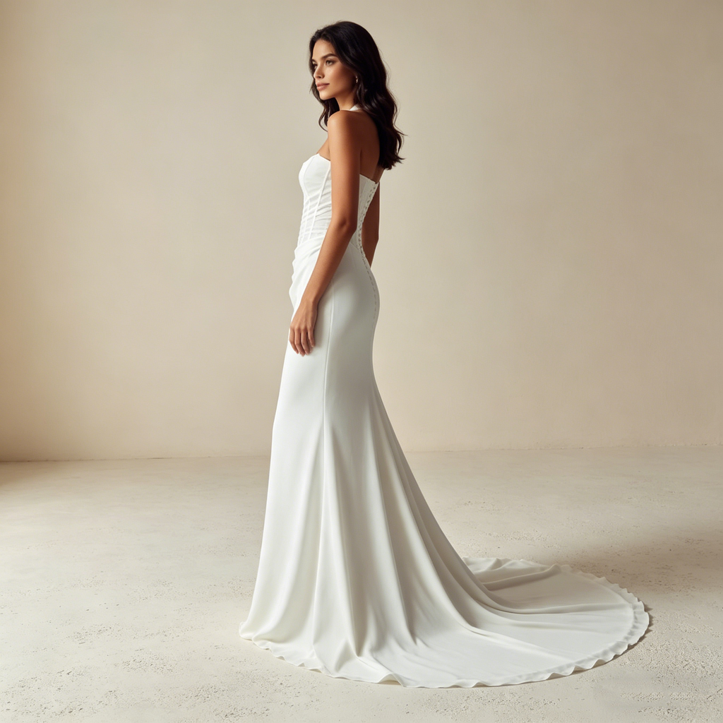 Elegantes Abendkleid aus Satin mit Korsett-Oberteil, Luxuriöse Galarobe in Elfenbein, Figurbetontes Maxikleid mit fließendem Faltenwurf