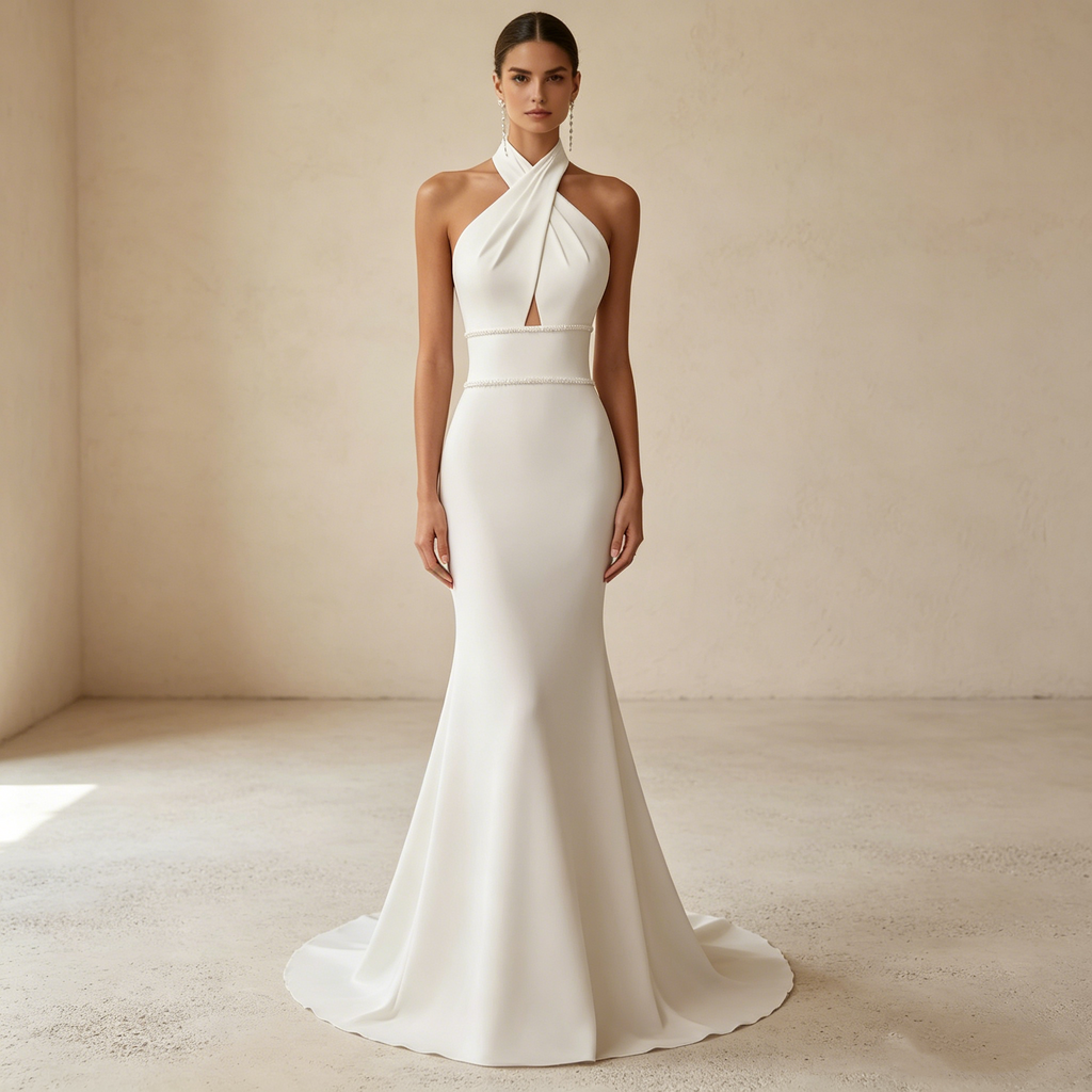 Luxus Neckholder Abendkleid Weiß aus Premium Satin | Elegantes Maxikleid nach Maß mit Perlenverzierung