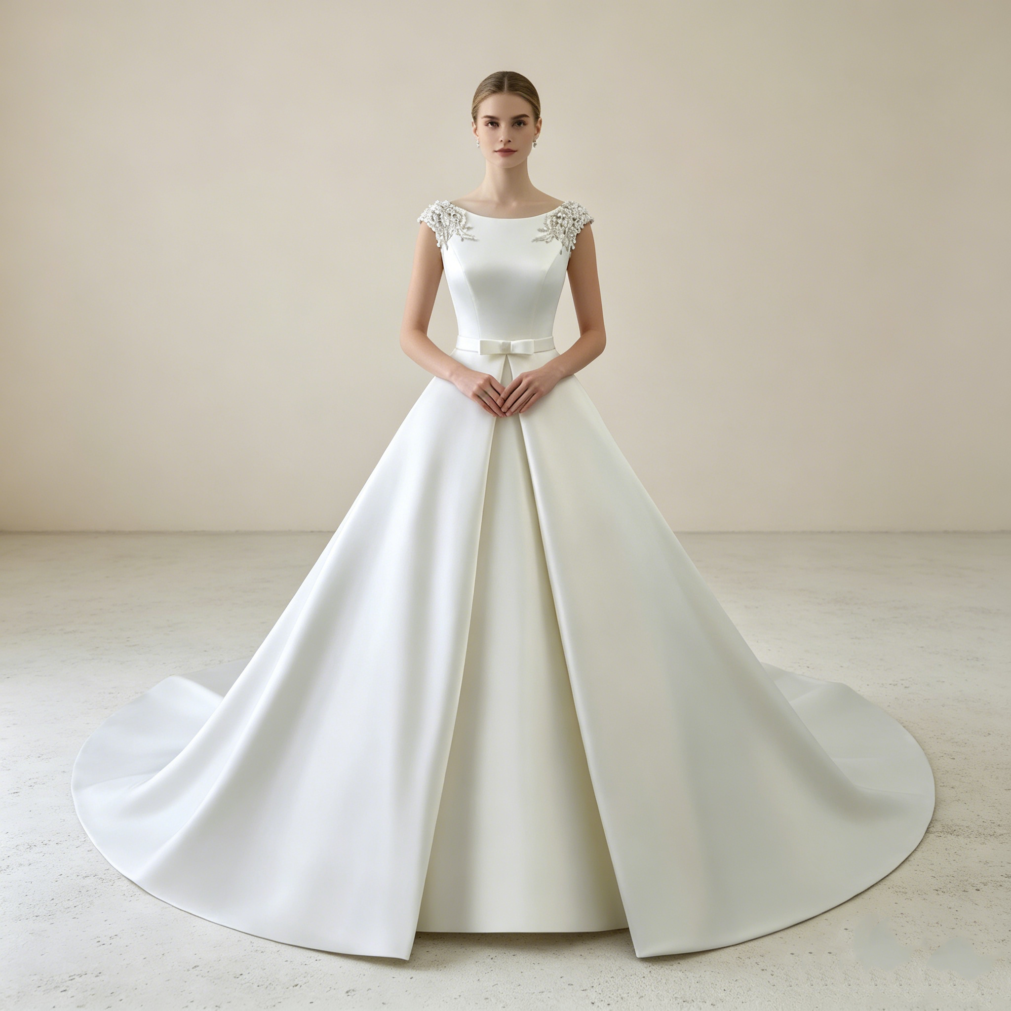 Edle Satin-Robe in Reinweiß: Bodenlanges Kleid mit Cap-Sleeves und luxuriösen Perlen-Verzierungen