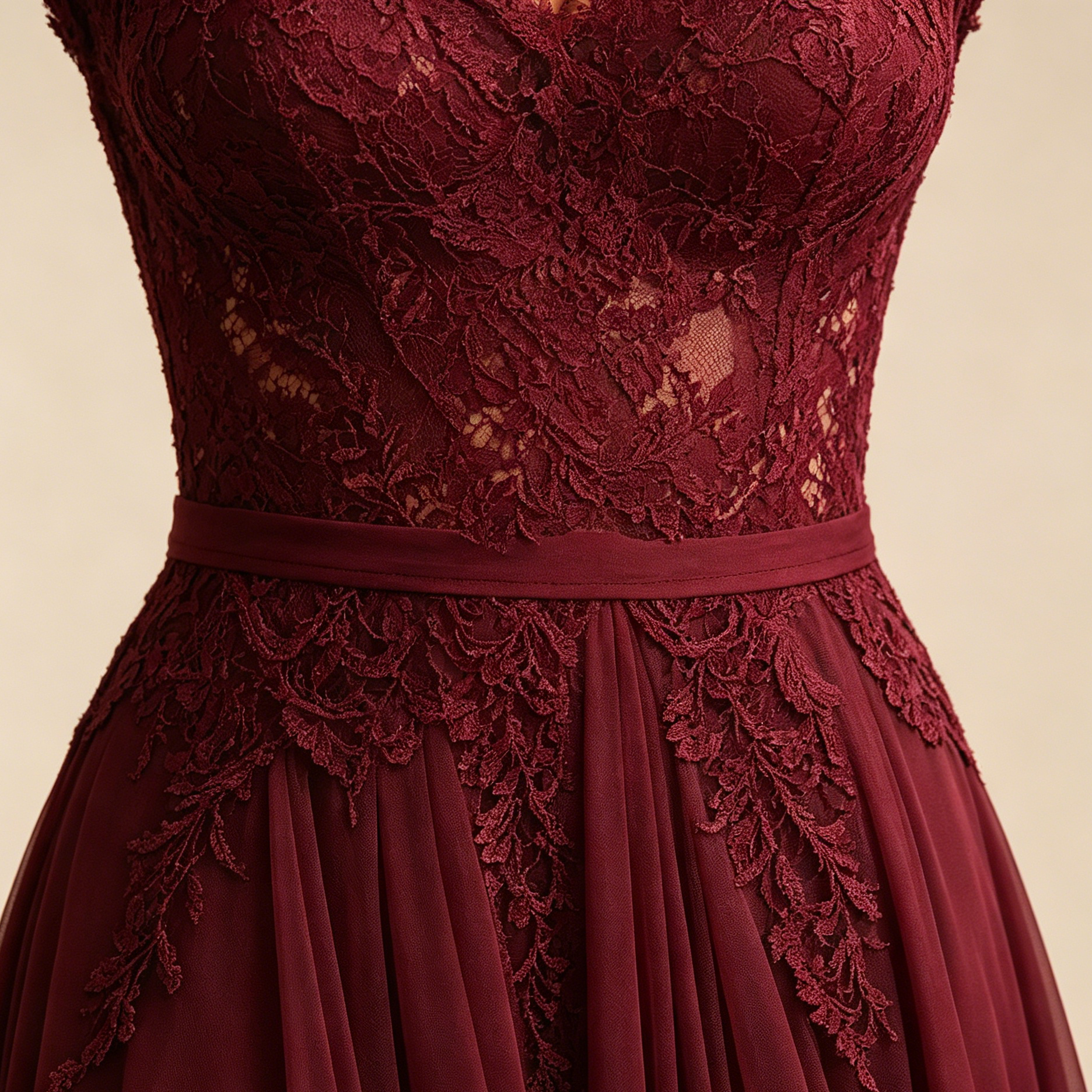 Abendkleid in Weinrot mit Spitzen-Applikationen und Off-Shoulder-Ärmeln