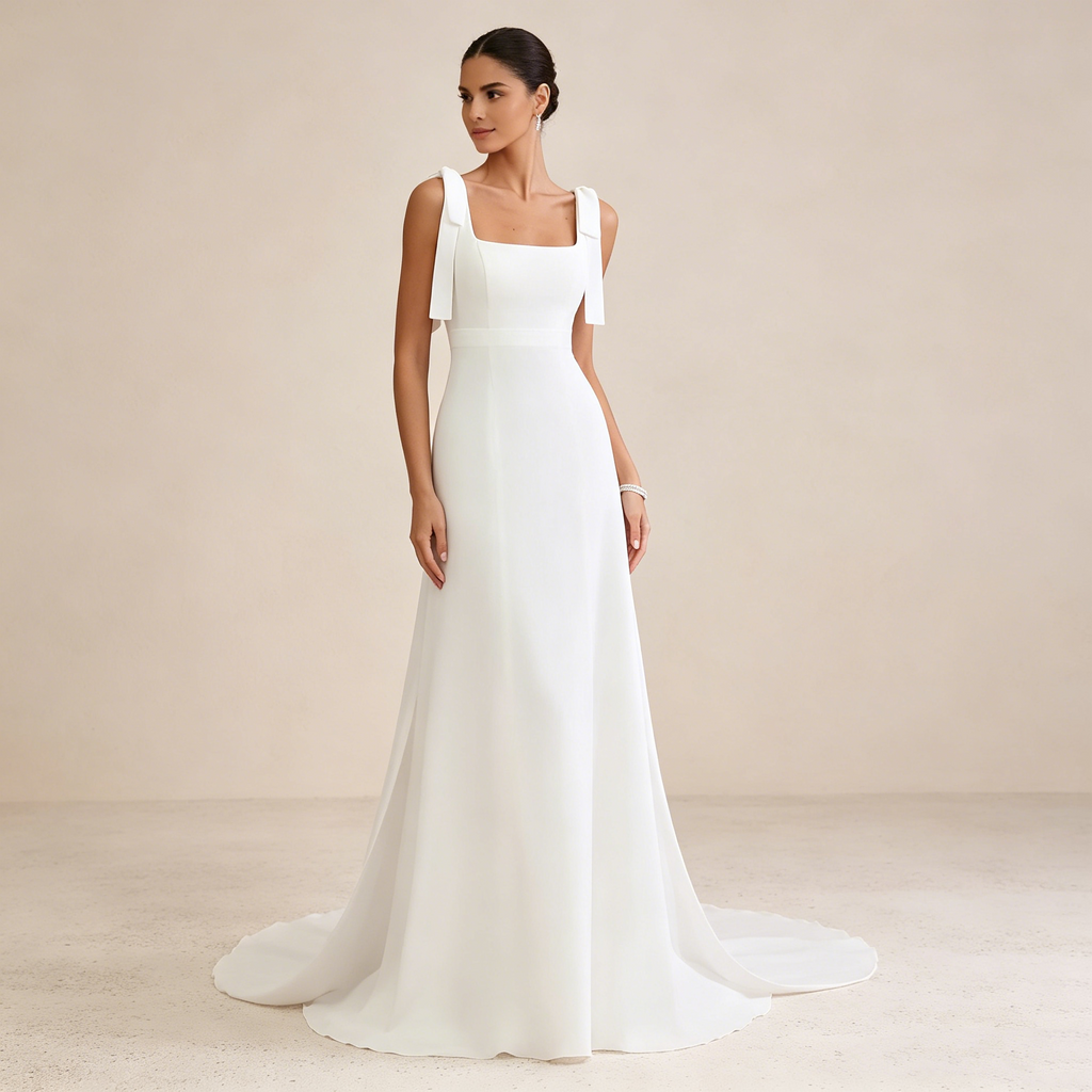 Minimalistisches Abendkleid mit eckigem Ausschnitt und Schleifen-Trägern