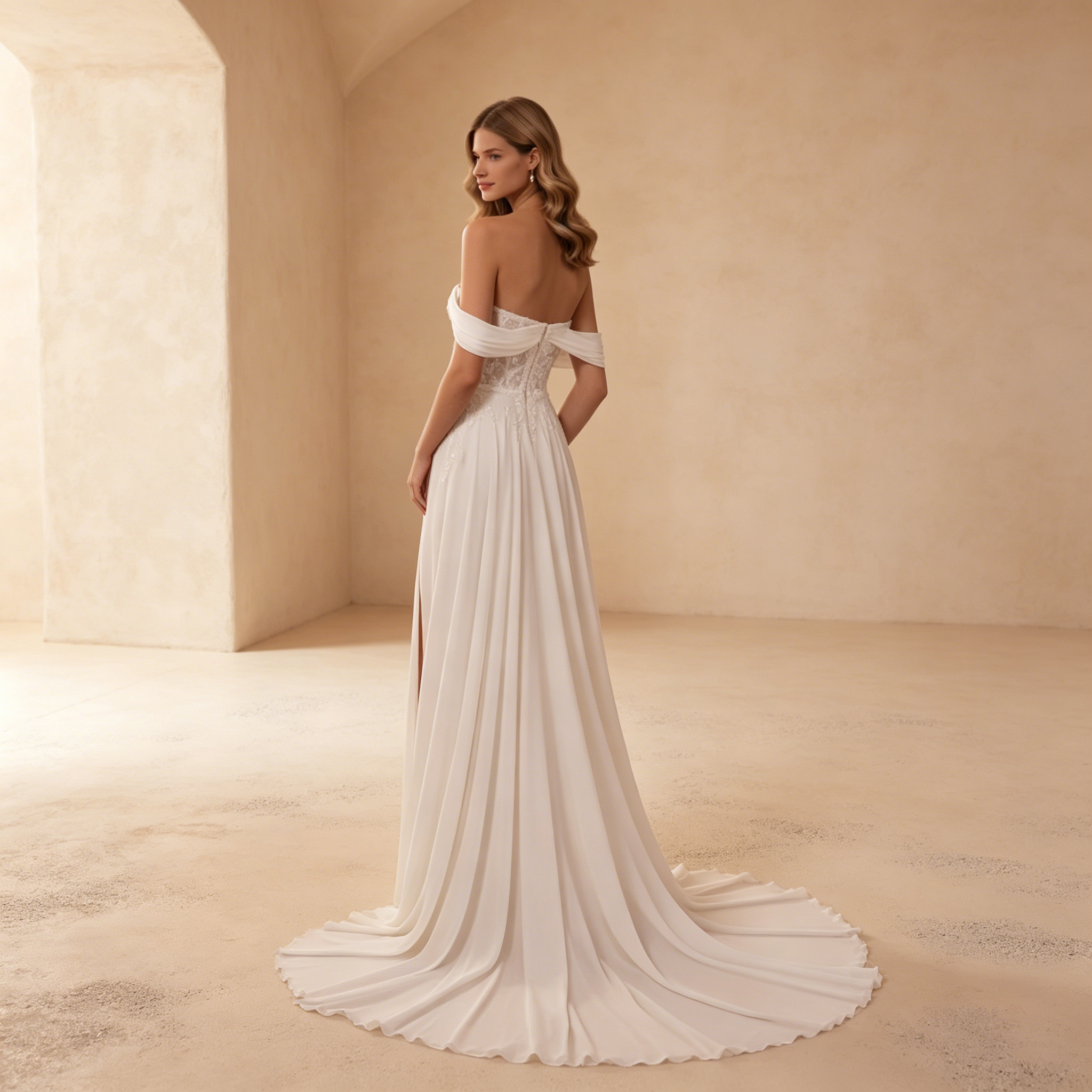 Elegantes Off-Shoulder Maxikleid in Weiß – Figurbetontes Abendkleid mit Corsage und Beinschlitz
