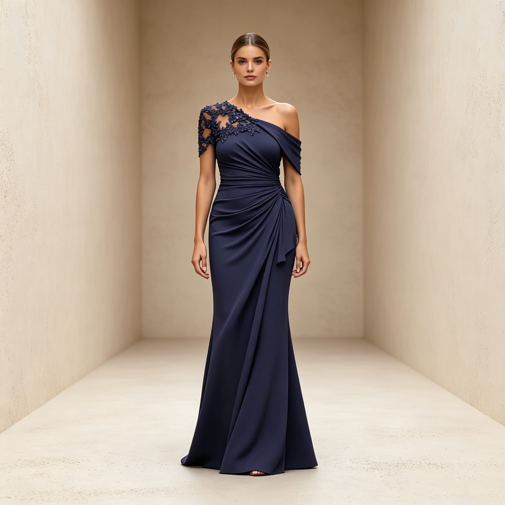 Abendkleid in Marineblau mit asymmetrischem Ausschnitt und Spitzen-Applikation