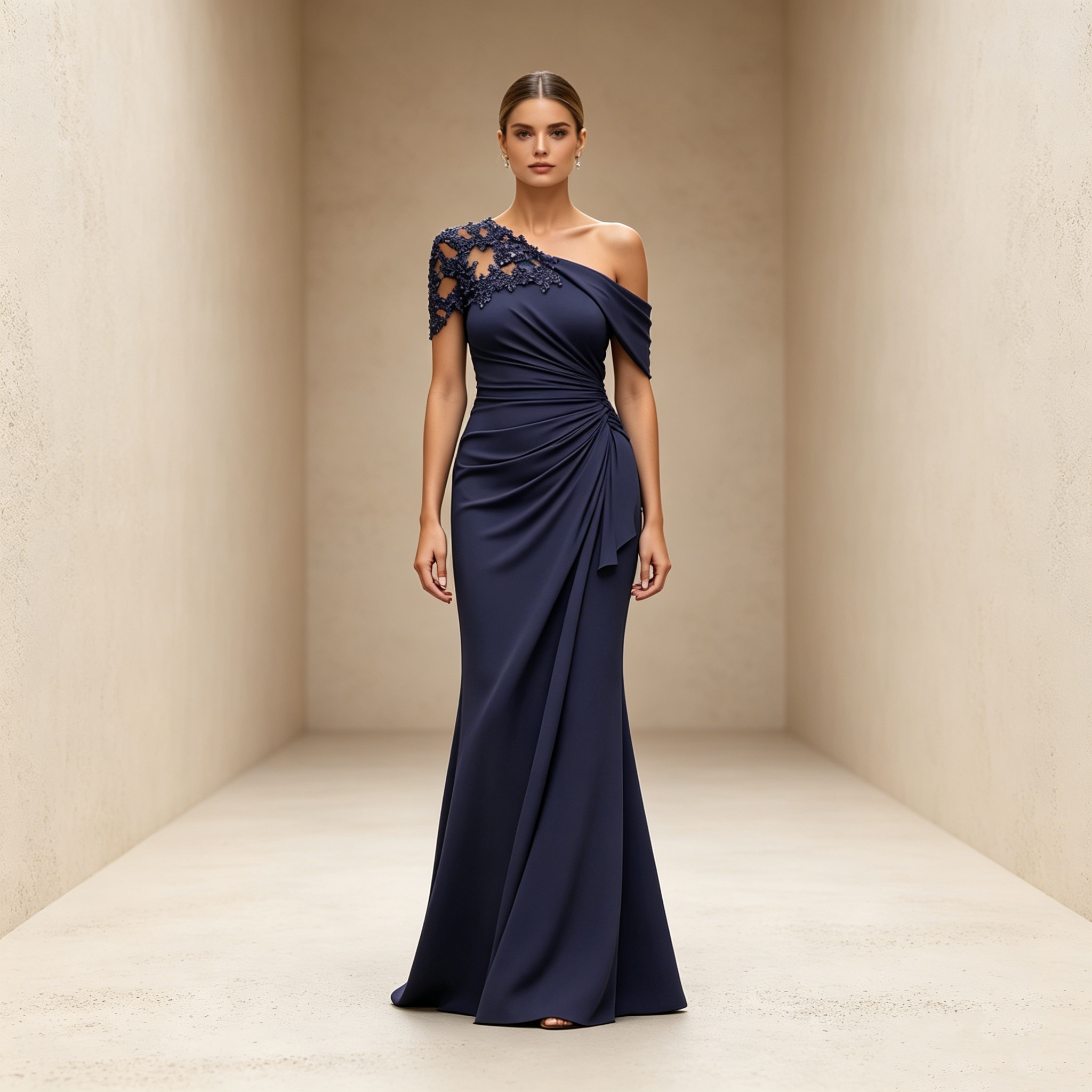 Abendkleid in Marineblau mit asymmetrischem Ausschnitt und Spitzen-Applikation