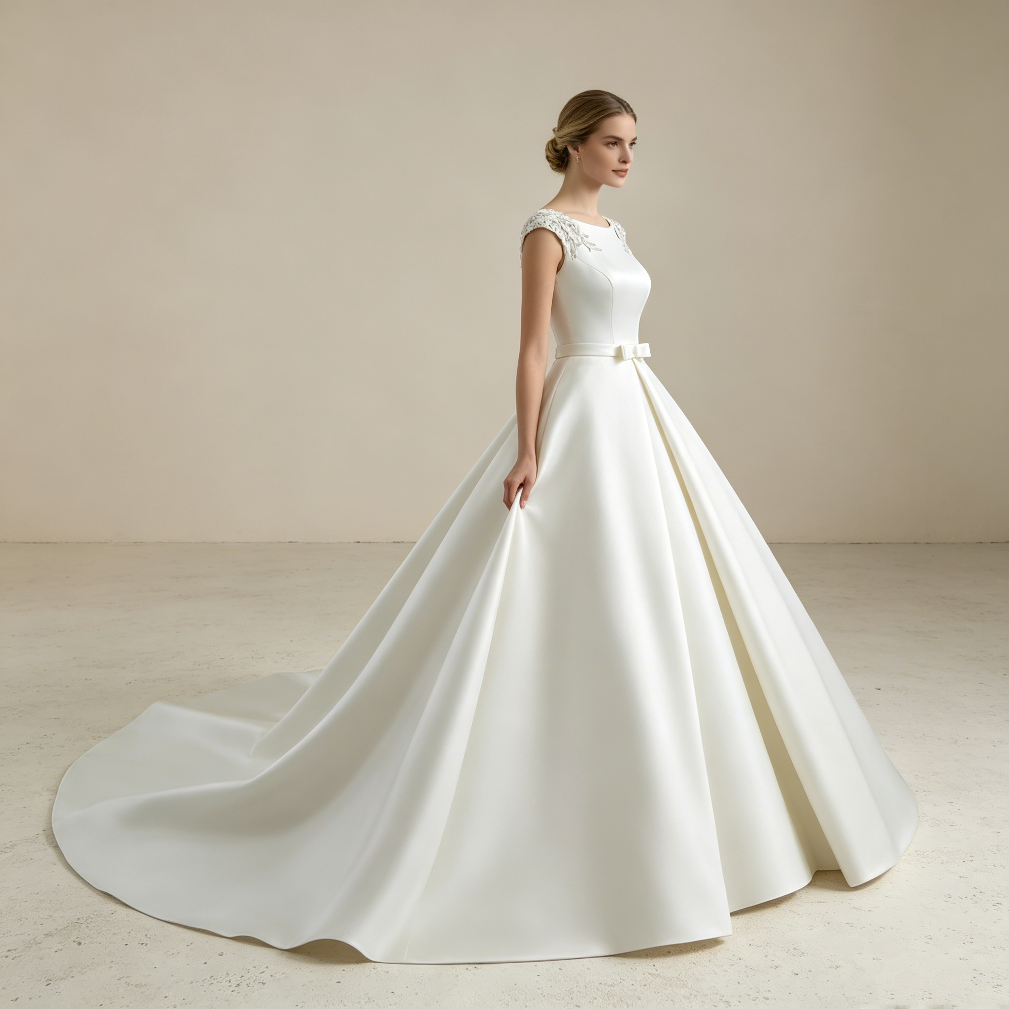 Edle Satin-Robe in Reinweiß: Bodenlanges Kleid mit Cap-Sleeves und luxuriösen Perlen-Verzierungen