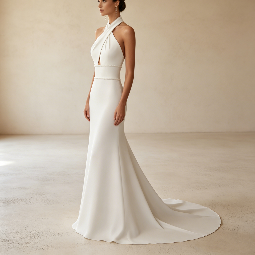 Luxus Neckholder Abendkleid Weiß aus Premium Satin | Elegantes Maxikleid nach Maß mit Perlenverzierung