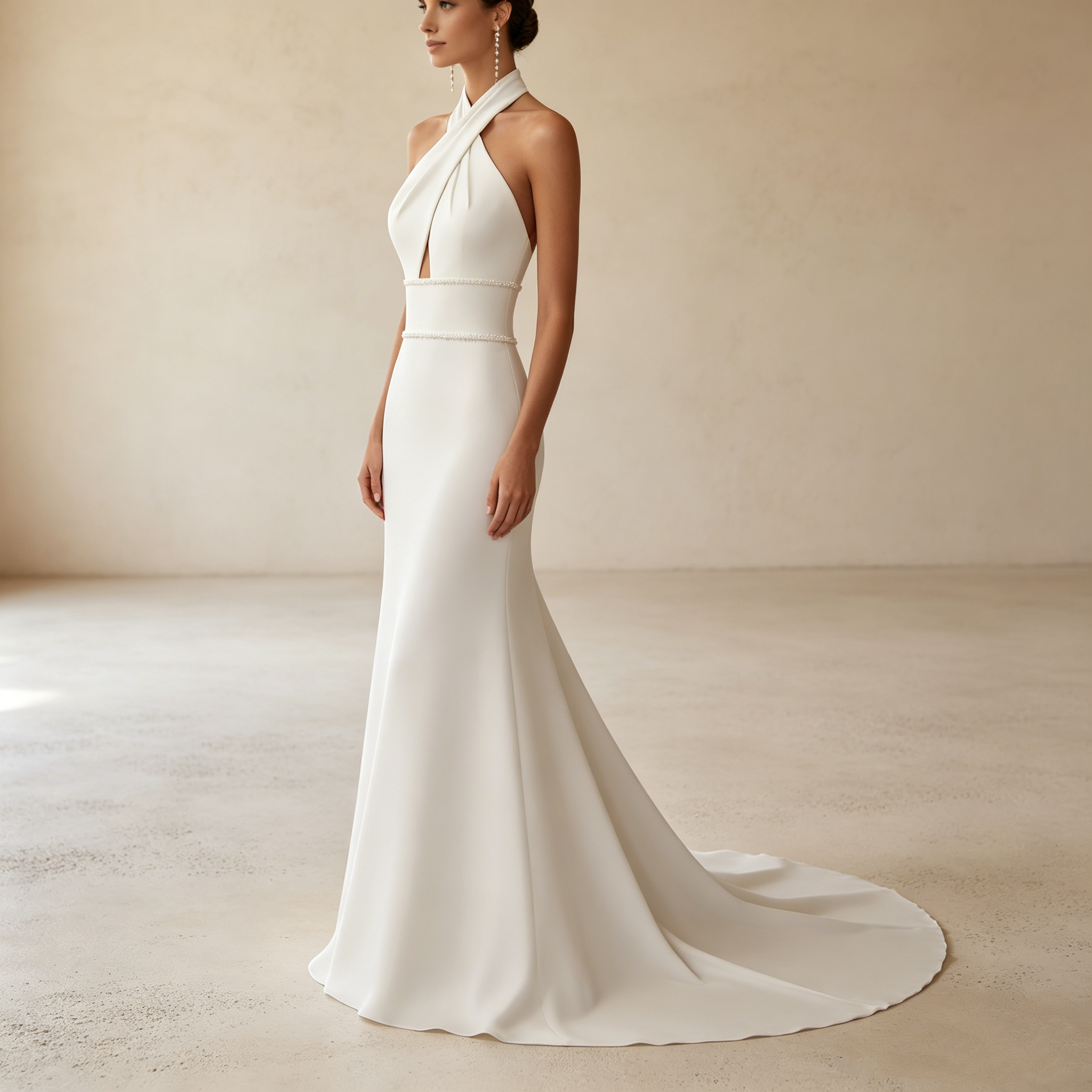 Luxus Neckholder Abendkleid Weiß aus Premium Satin | Elegantes Maxikleid nach Maß mit Perlenverzierung