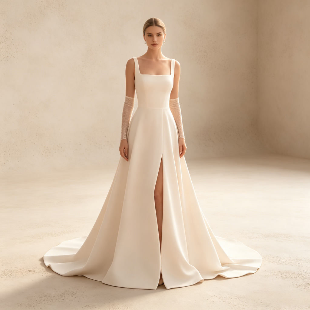 Minimalistisches Elfenbeinfarbenes A-Linie Abendkleid aus Satin mit Eckigem Ausschnitt und Beinschlitz