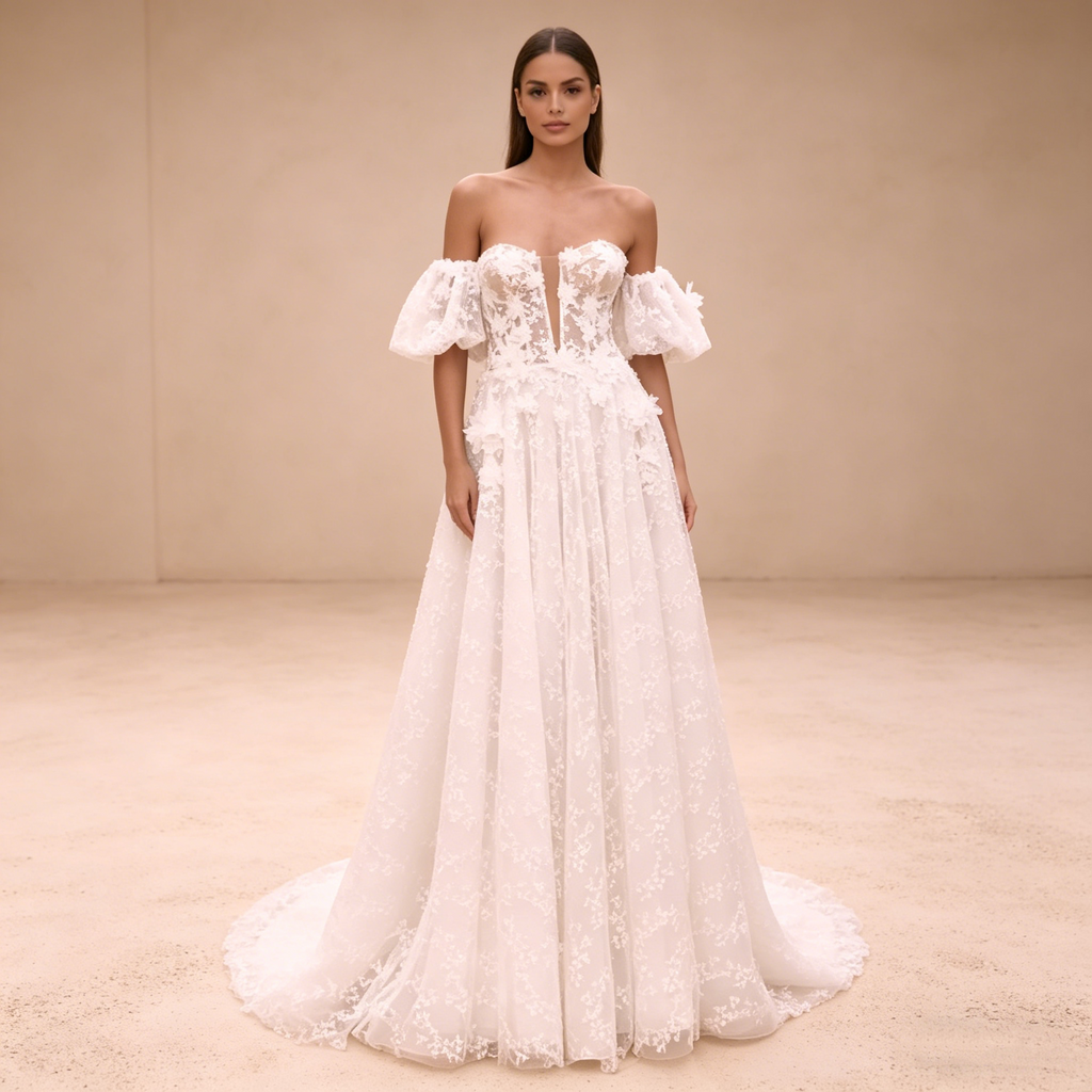 Exklusives Abendkleid mit Puffärmeln und floraler Stickerei, Elegante Galarobe mit tiefem Ausschnitt, Luxuriöses Maxikleid in Elfenbein