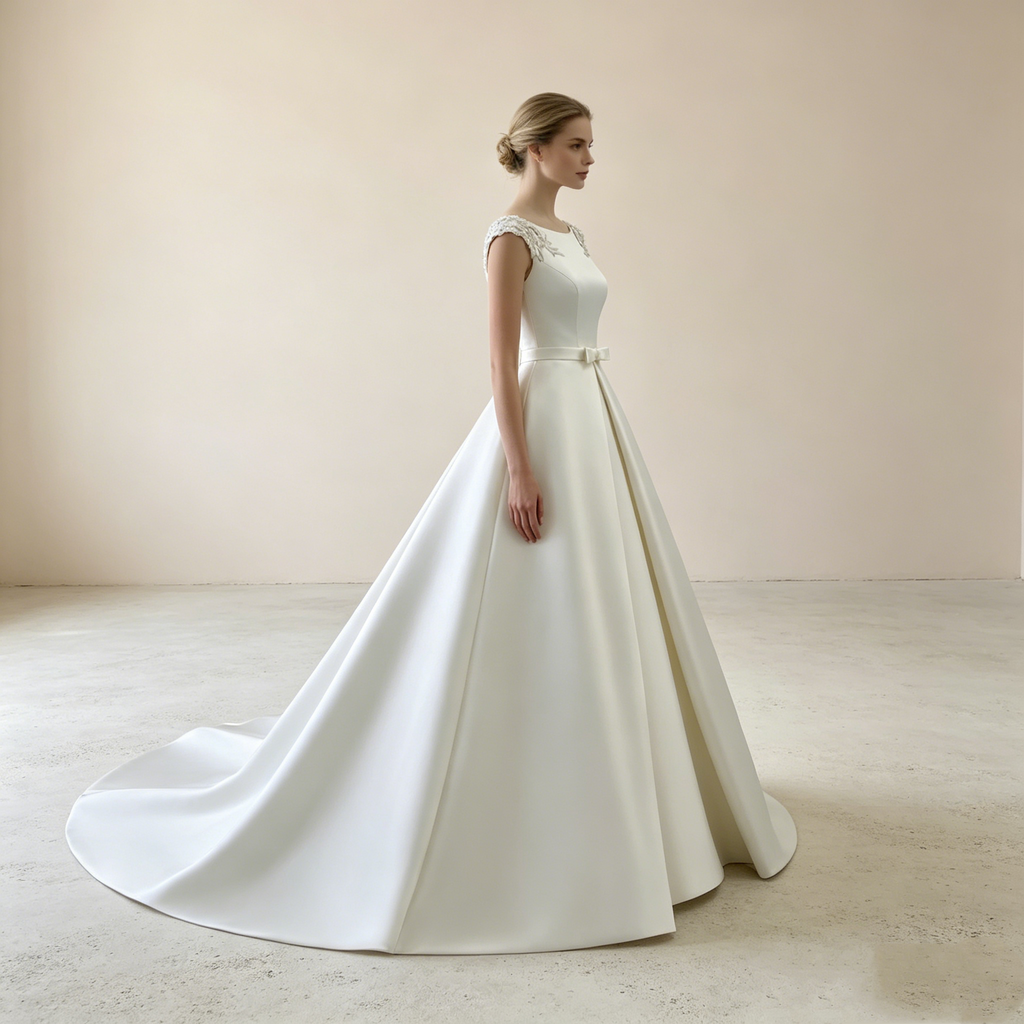 Edle Satin-Robe in Reinweiß: Bodenlanges Kleid mit Cap-Sleeves und luxuriösen Perlen-Verzierungen