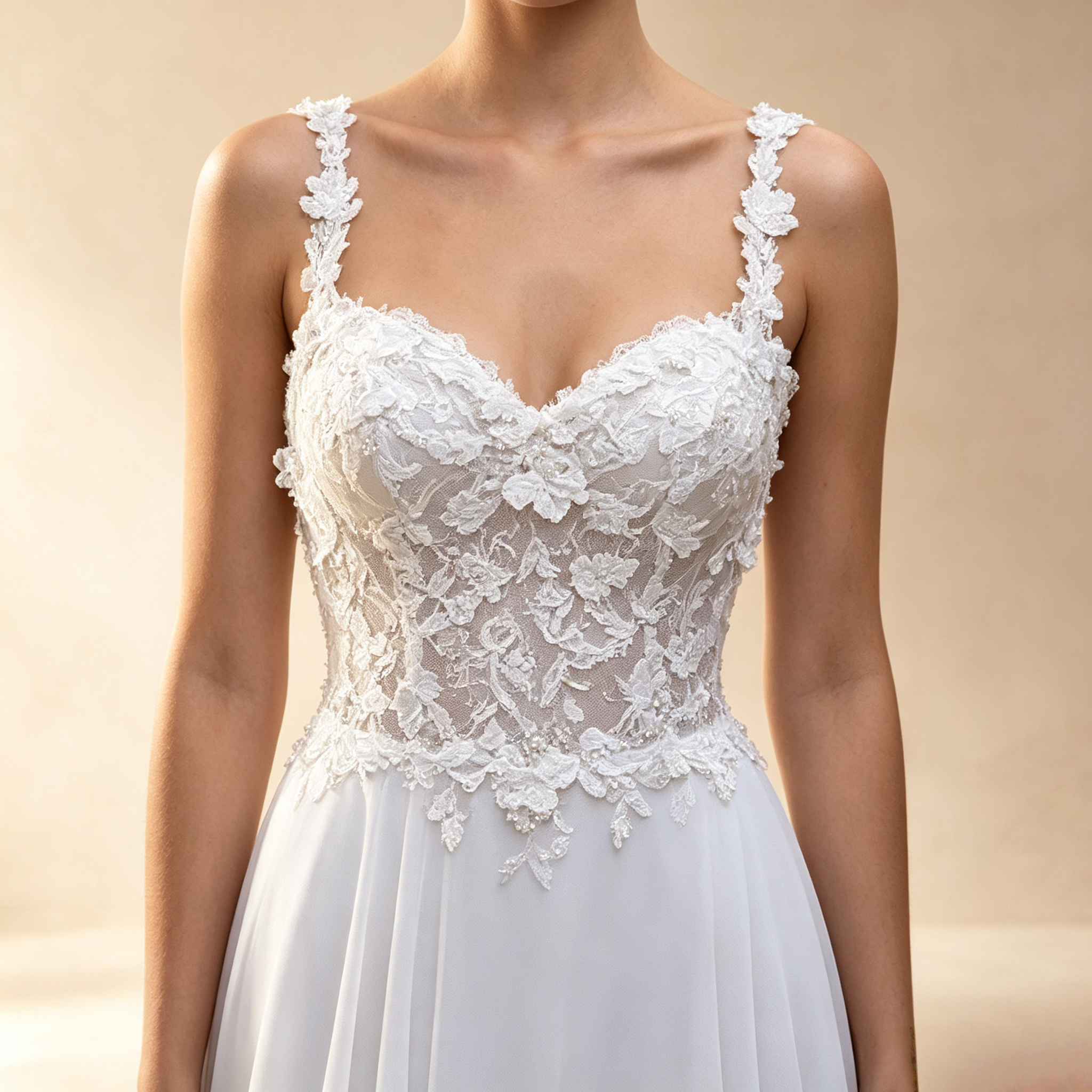 Elegantes weißes A-Linie-Kleid mit floraler Spitze und Trägern - Luftiger Chiffon-Rock