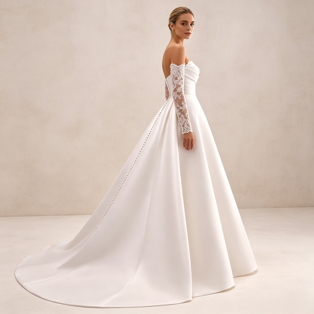 Bodenlanges Abendkleid aus Satin in Elfenbein mit schulterfreiem Ausschnitt, Spitzenärmeln und A-Linie